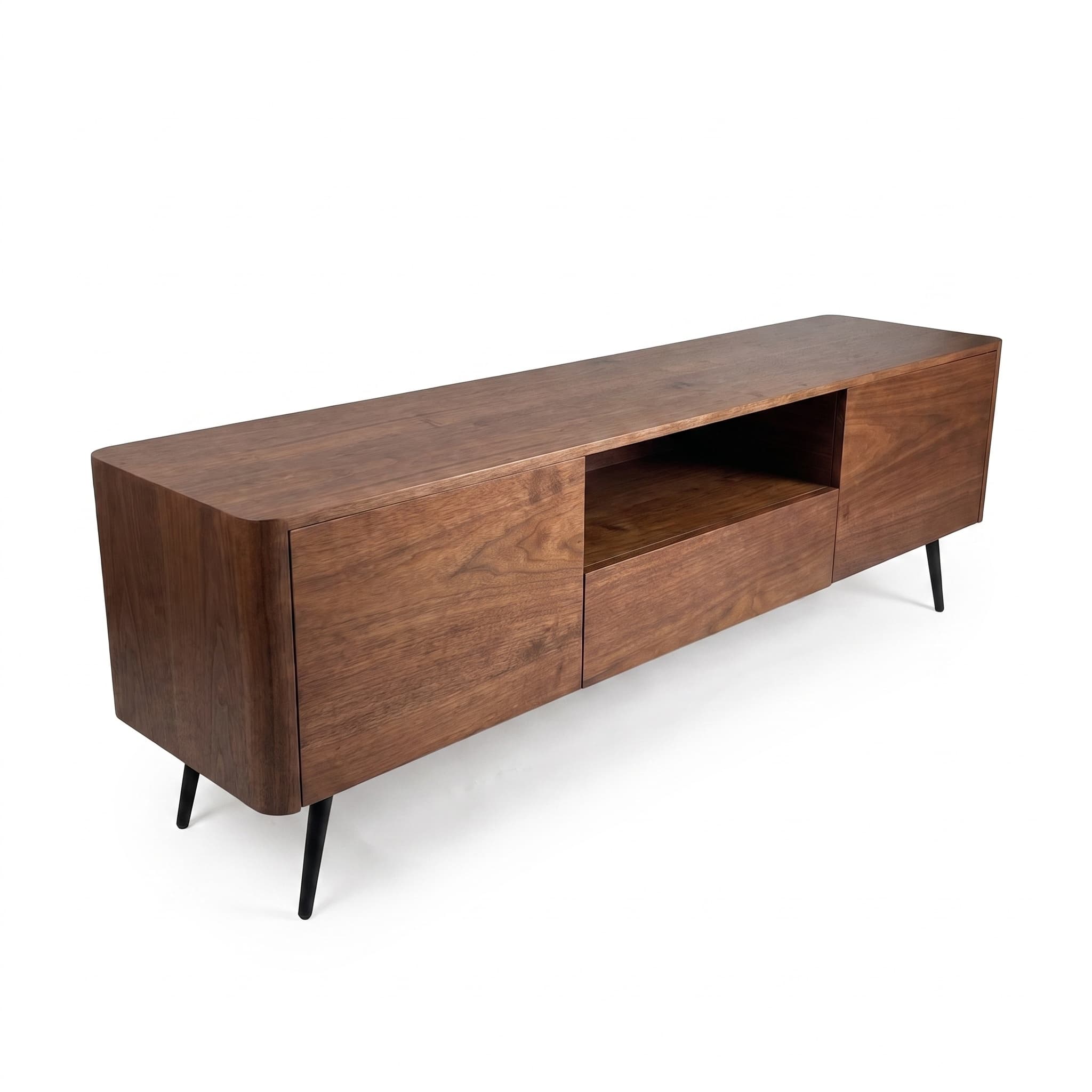 70.8-inch walnut TV stand, suitable for televisions up to 85 inches, featuring enclosed storage and cable management, soft-close hinges and iron legs, ideal for the living room RR
