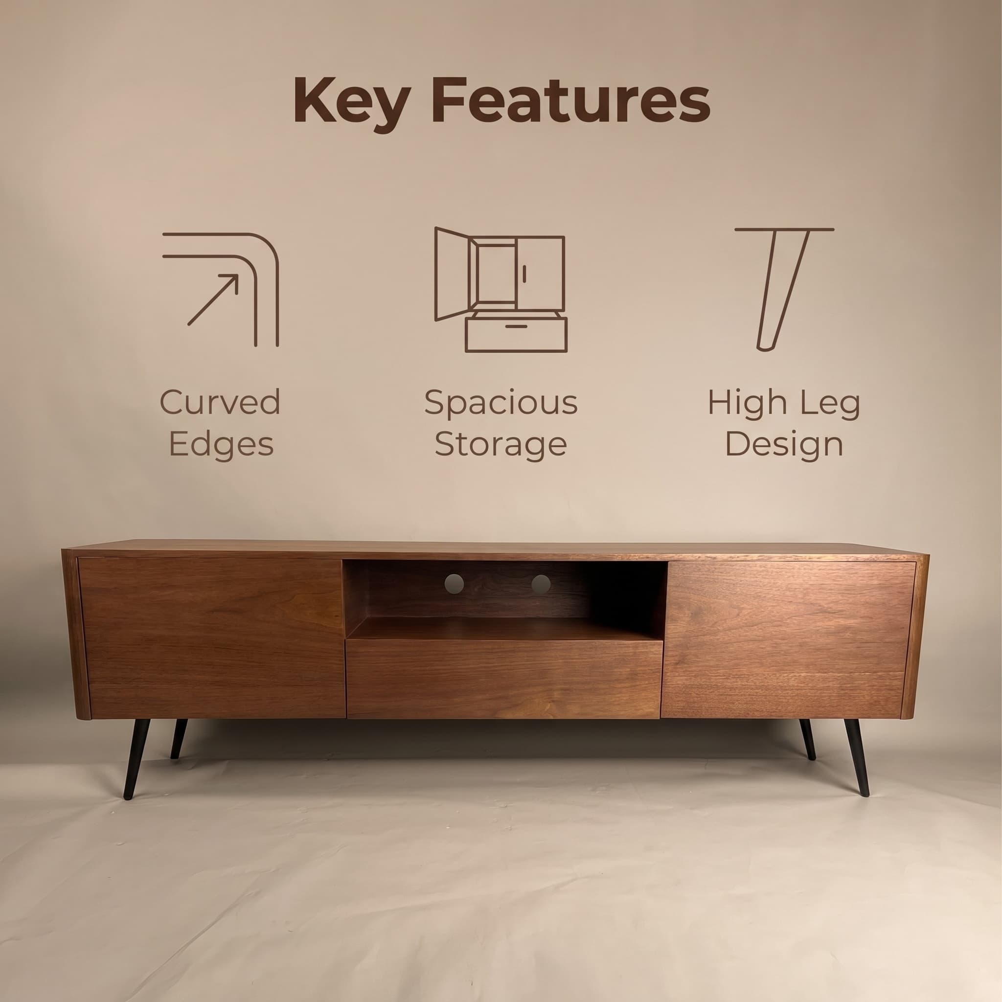 70.8-inch walnut TV stand, suitable for televisions up to 85 inches, featuring enclosed storage and cable management, soft-close hinges and iron legs, ideal for the living room RR