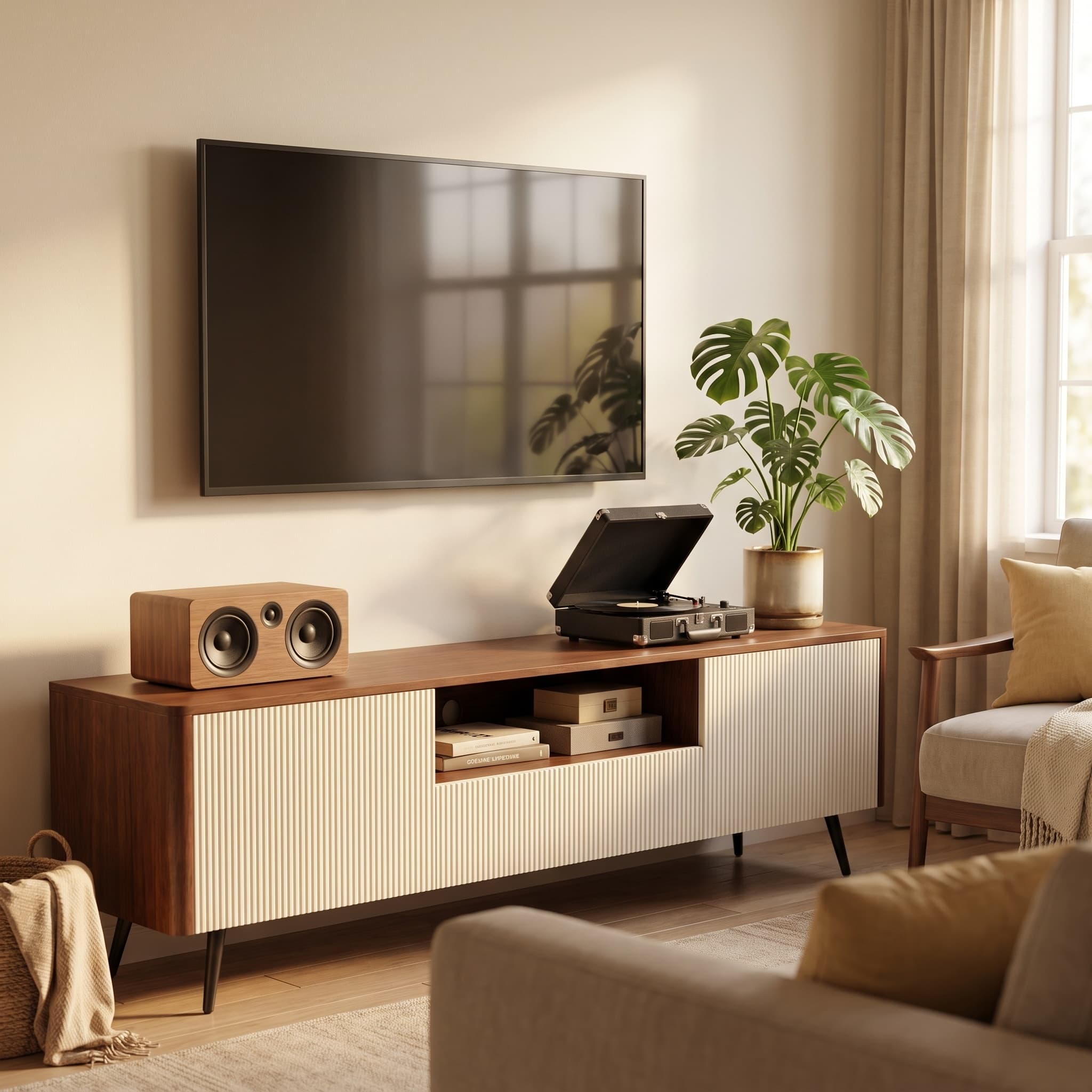 70.8-inch modern TV stand, suitable for televisions up to 85 inches, featuring enclosed storage and cable management, soft-close hinges and iron legs, ideal for the living room RR