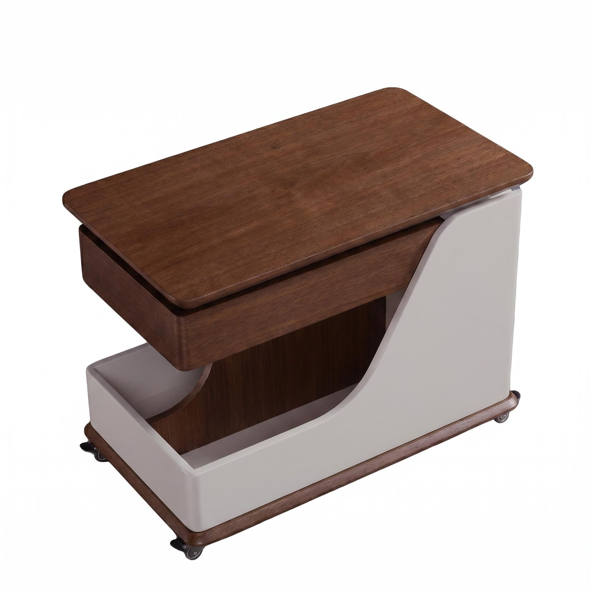 A small side table or coffee table with an adjustable height, suitable for the living room, balcony or bedroom. It is portable and features storage compartments, available in off-white and walnut.