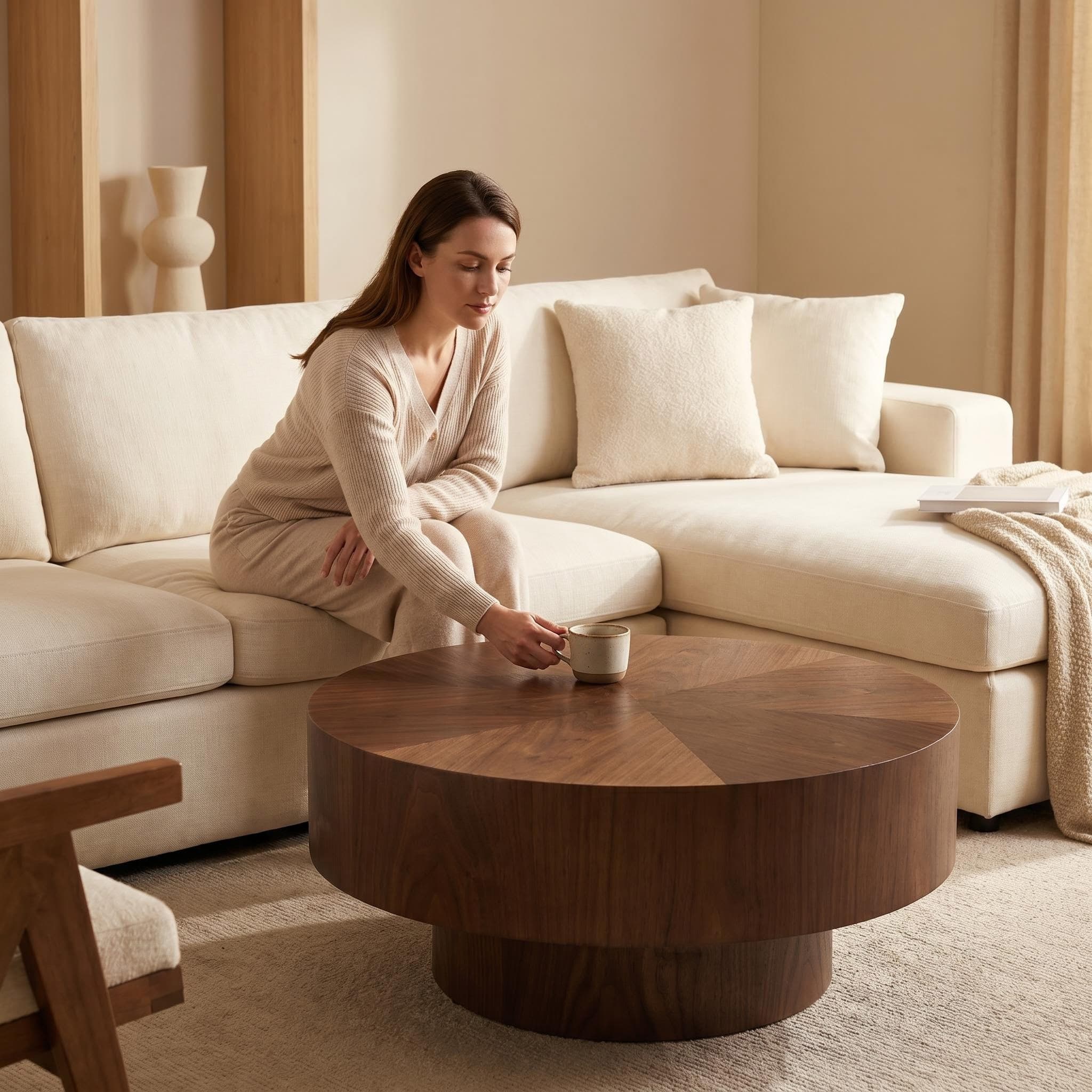 Round Wood 31.49 inch Coffee table for Living Room Table Walnut Suitable for Bedroom, Living Room, Office