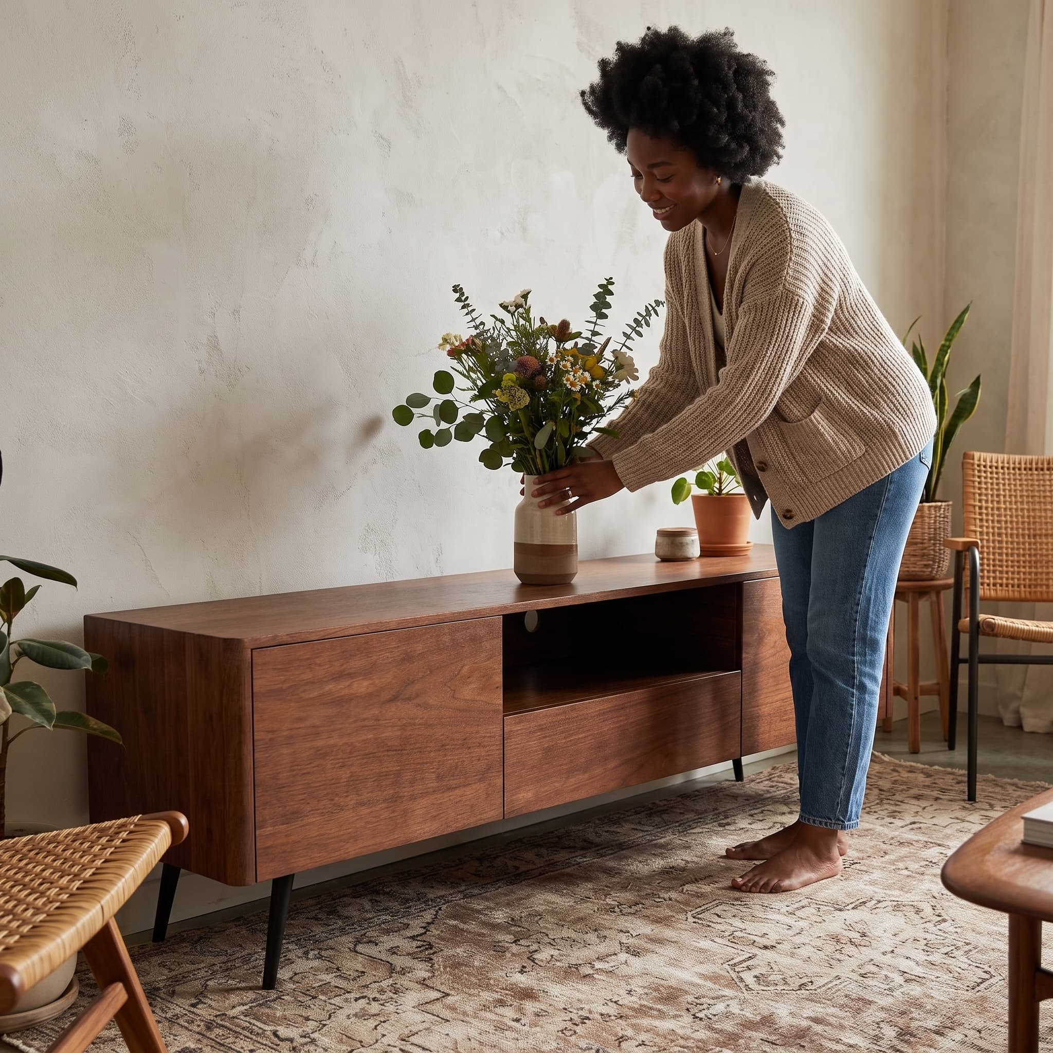 70.8-inch walnut TV stand, suitable for televisions up to 85 inches, featuring enclosed storage and cable management, soft-close hinges and iron legs, ideal for the living room RR
