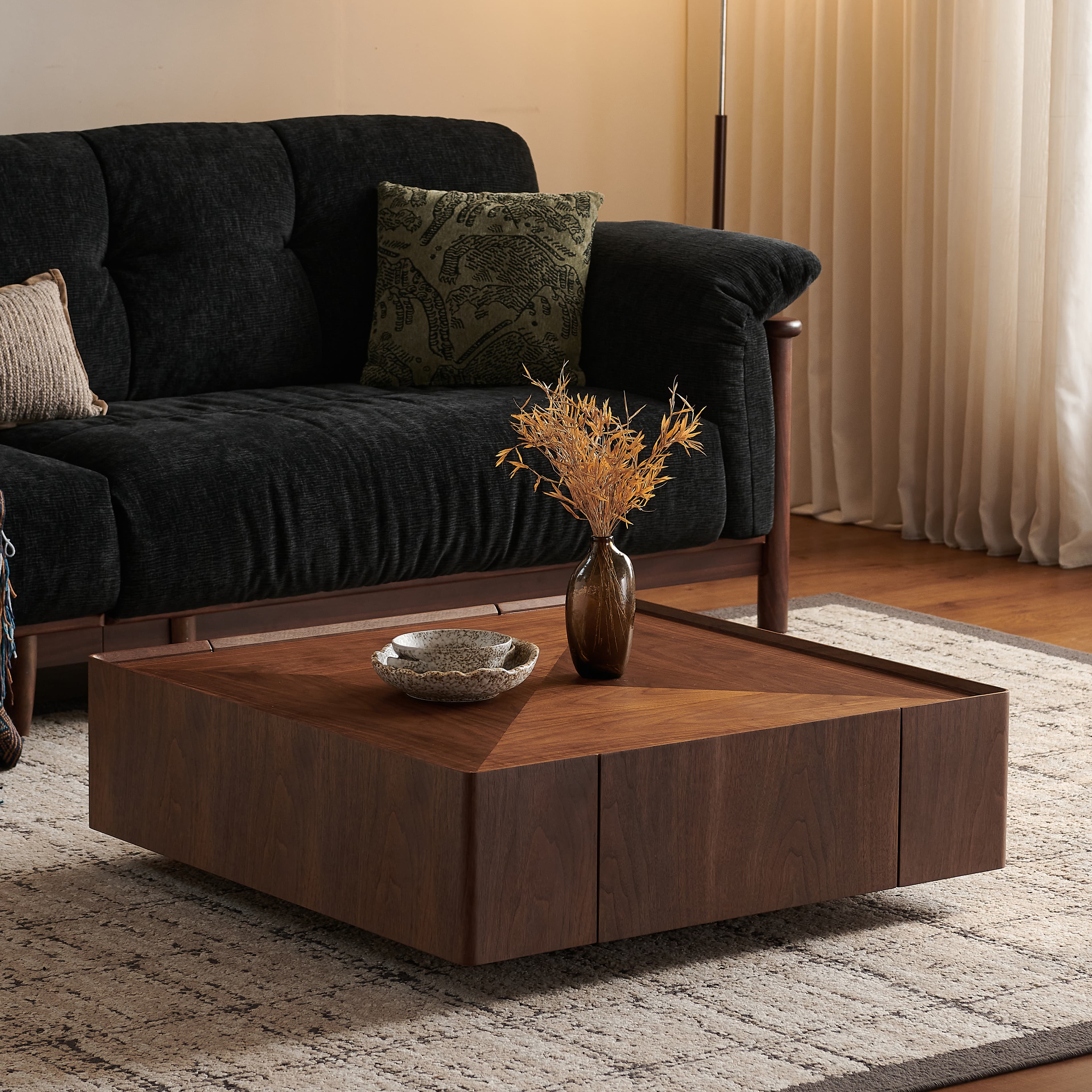 35.4-inch coffee table, square walnut wood design, suitable for living room. Walnut wood material, suitable for bedroom, living room and office