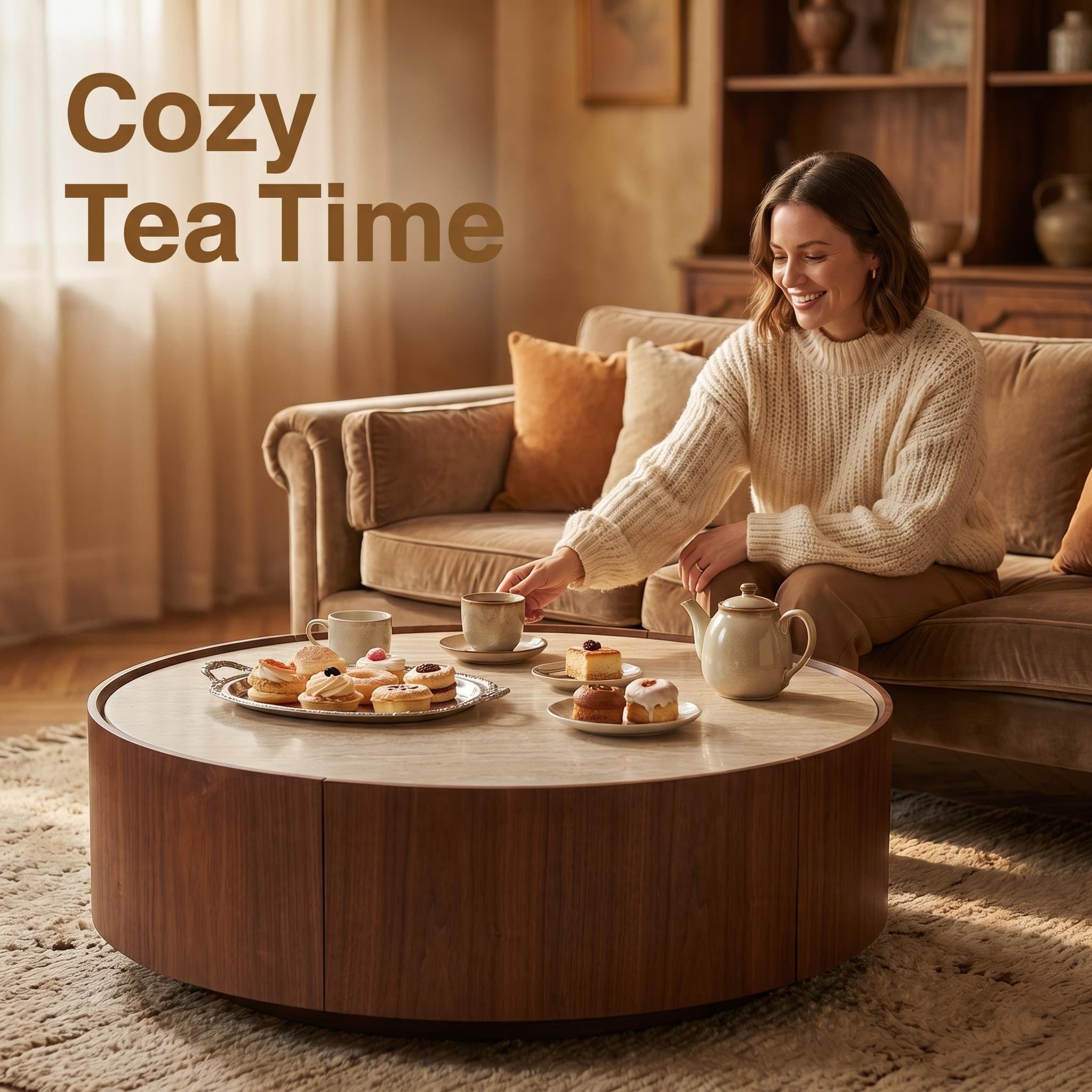 39.3 Round coffee table, with a sintered stone top featuring inlaid details and natural walnut veneer, incorporating storage space