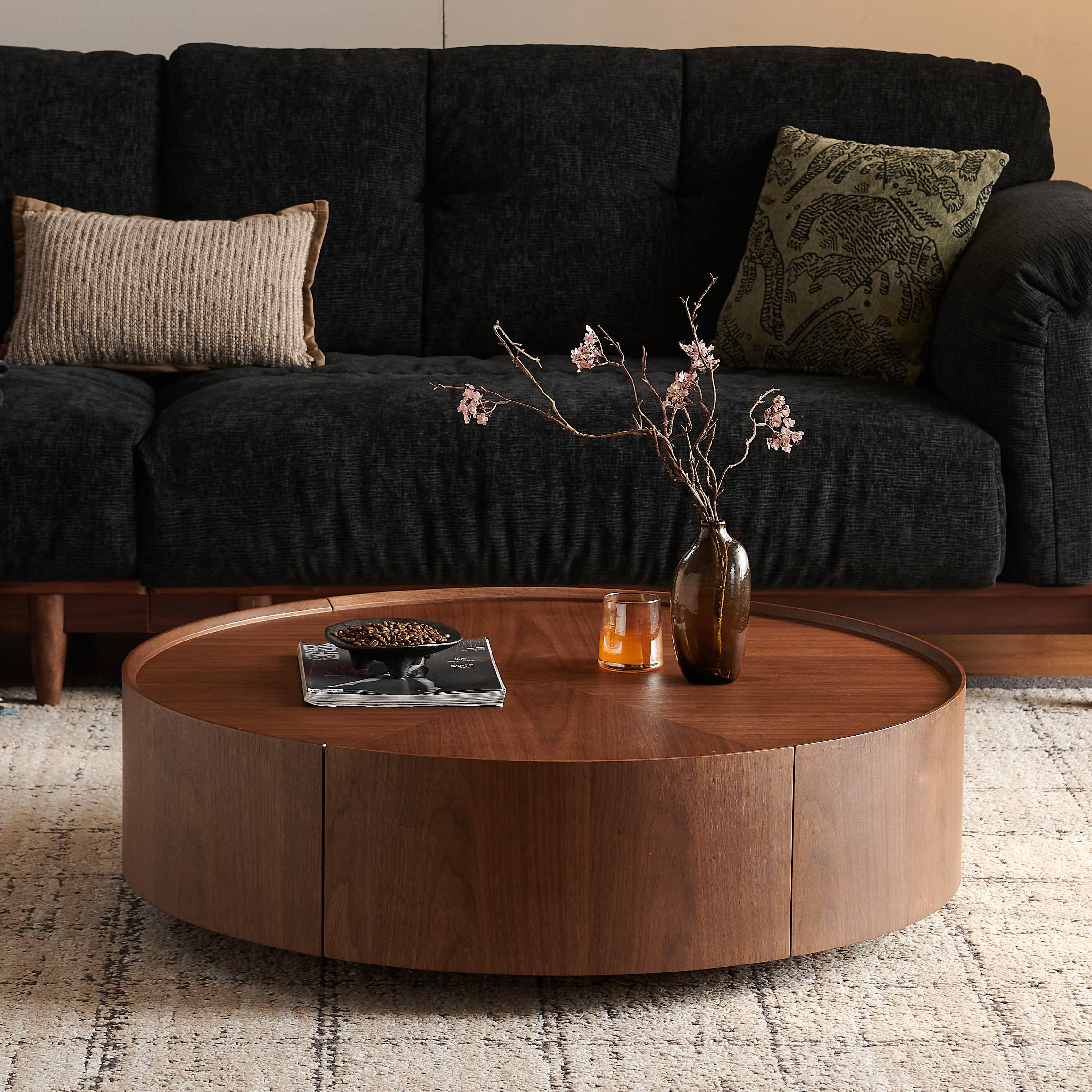 39.3-inch coffee tables, circular walnut design, suitable for living rooms, walnut material, suitable for bedrooms, living rooms, and offices