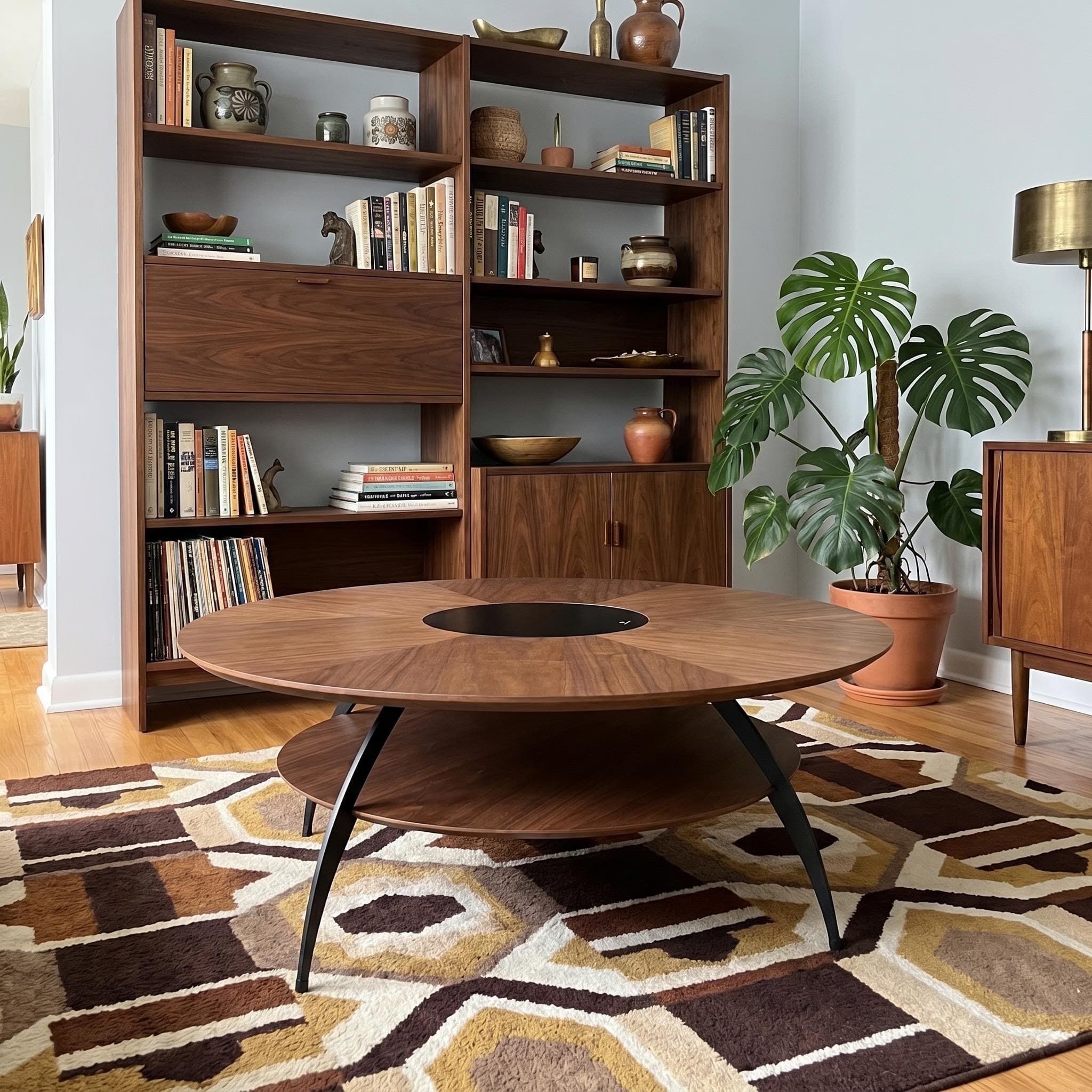 3.54-inch round coffee table with an inlaid glass top and carbon steel legs; walnut top and base