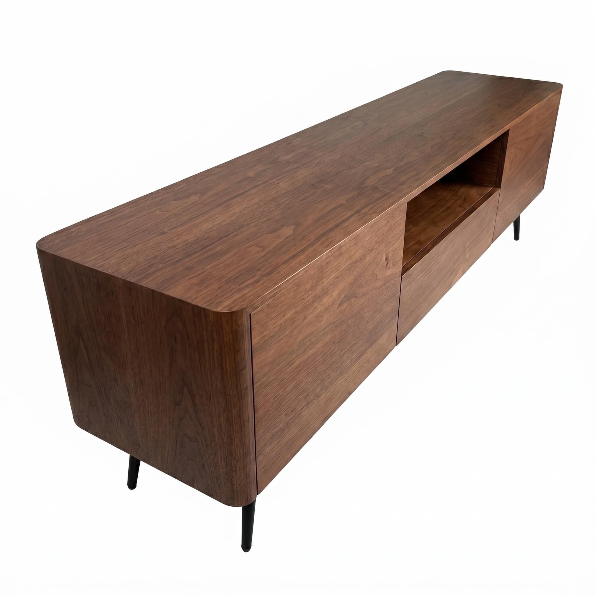 70.8-inch walnut TV stand, suitable for televisions up to 85 inches, featuring enclosed storage and cable management, soft-close hinges and iron legs, ideal for the living room RR