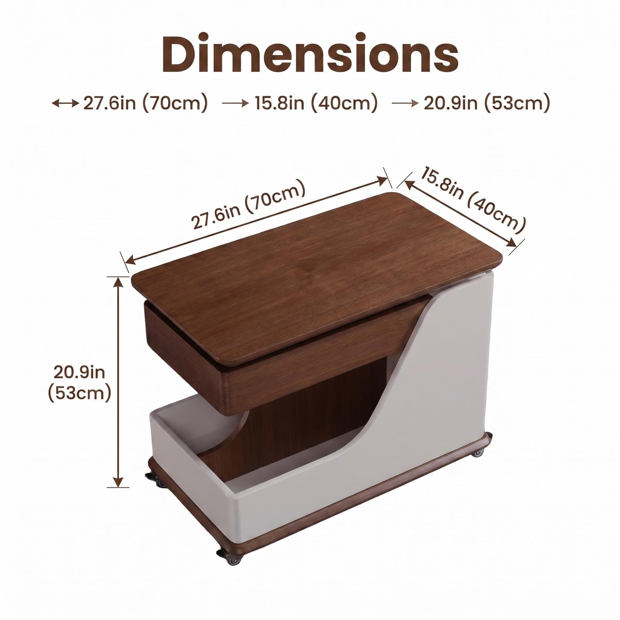 A small side table or coffee table with an adjustable height, suitable for the living room, balcony or bedroom. It is portable and features storage compartments, available in off-white and walnut.