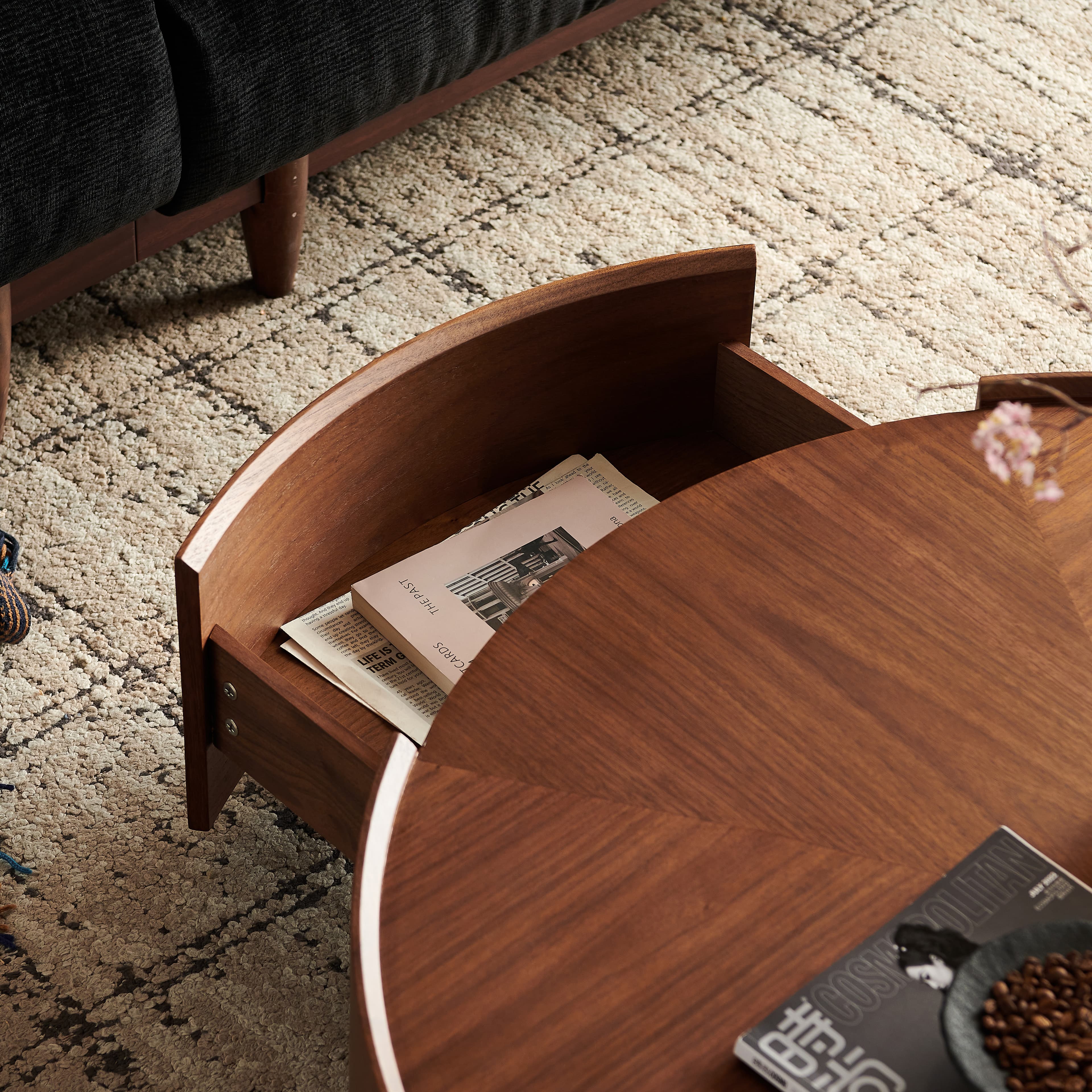 35.4-inch coffee tables, circular walnut design, suitable for living rooms, walnut material, suitable for bedrooms, living rooms, and offices