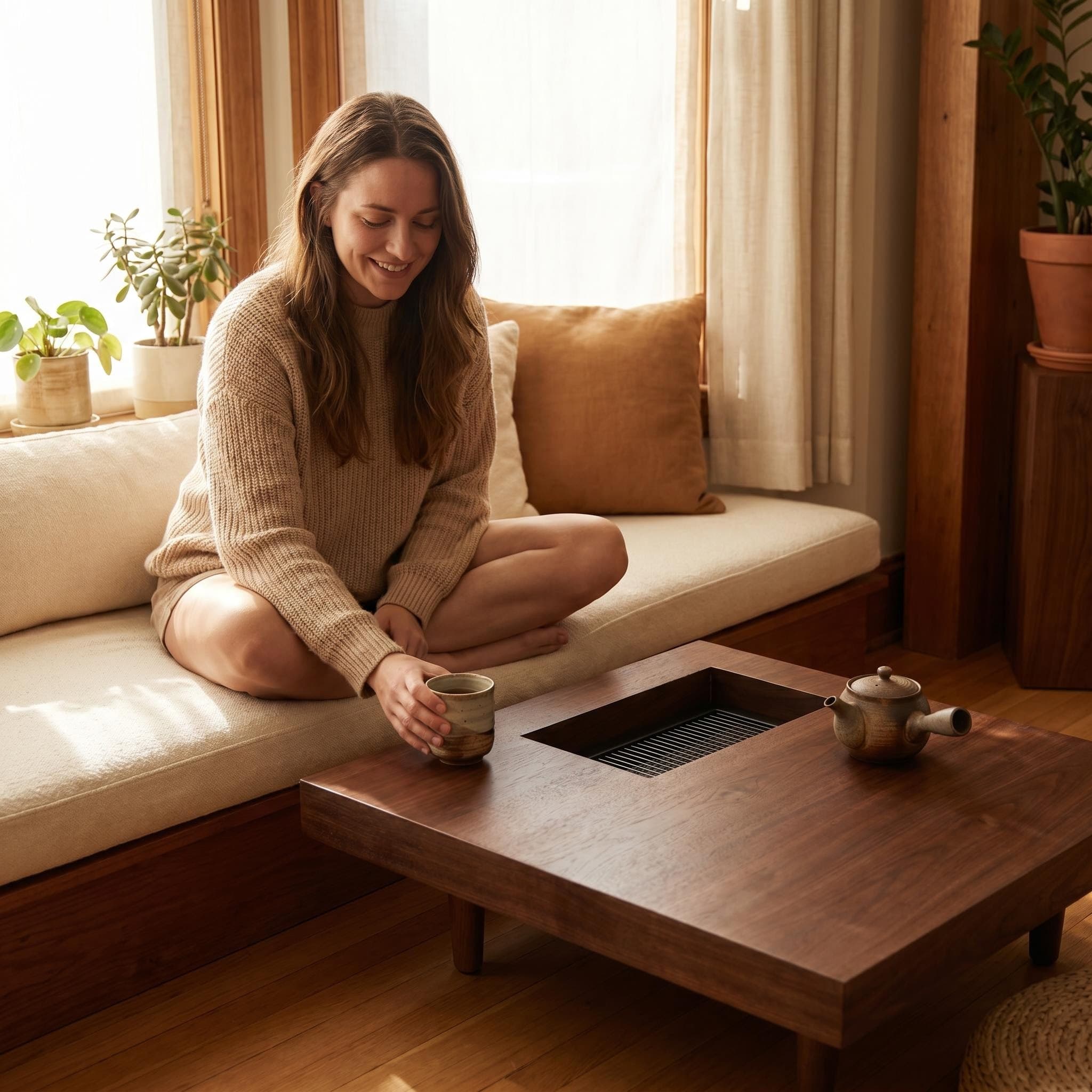 Square wooden coffee table, 34.5 inches, with storage; walnut coffee table suitable for the living room, bedroom or office