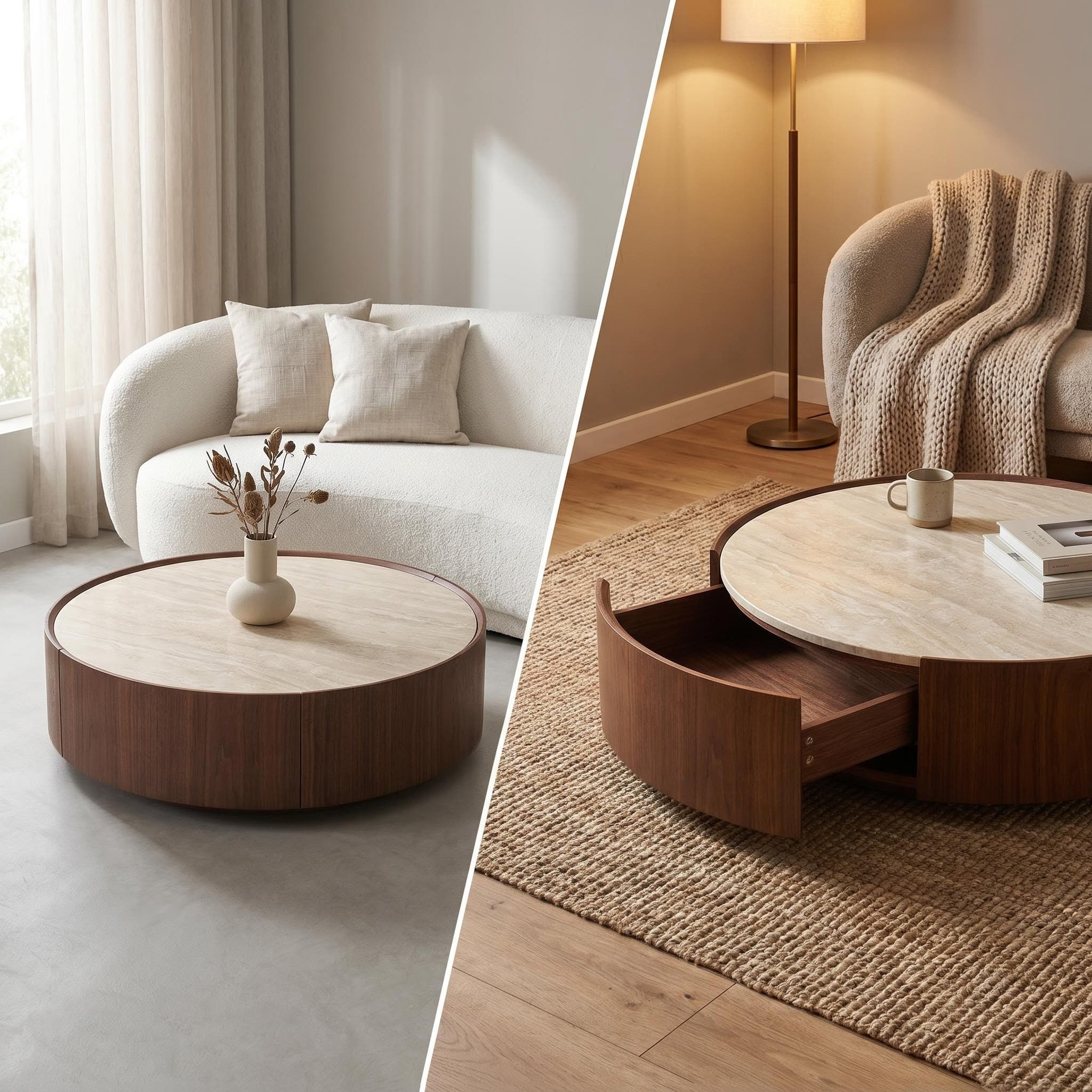 39.3 Round coffee table, with a sintered stone top featuring inlaid details and natural walnut veneer, incorporating storage space