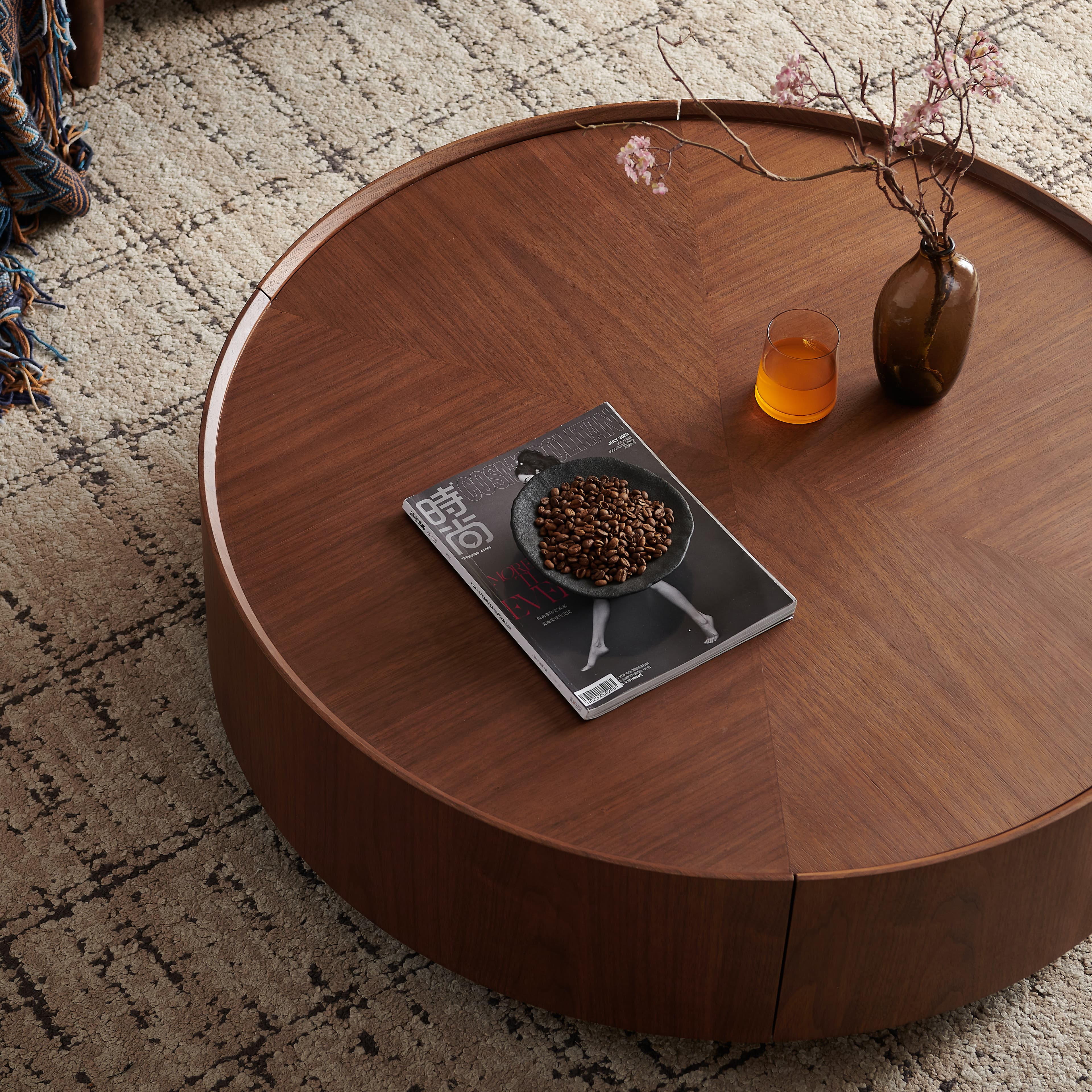 35.4-inch coffee tables, circular walnut design, suitable for living rooms, walnut material, suitable for bedrooms, living rooms, and offices