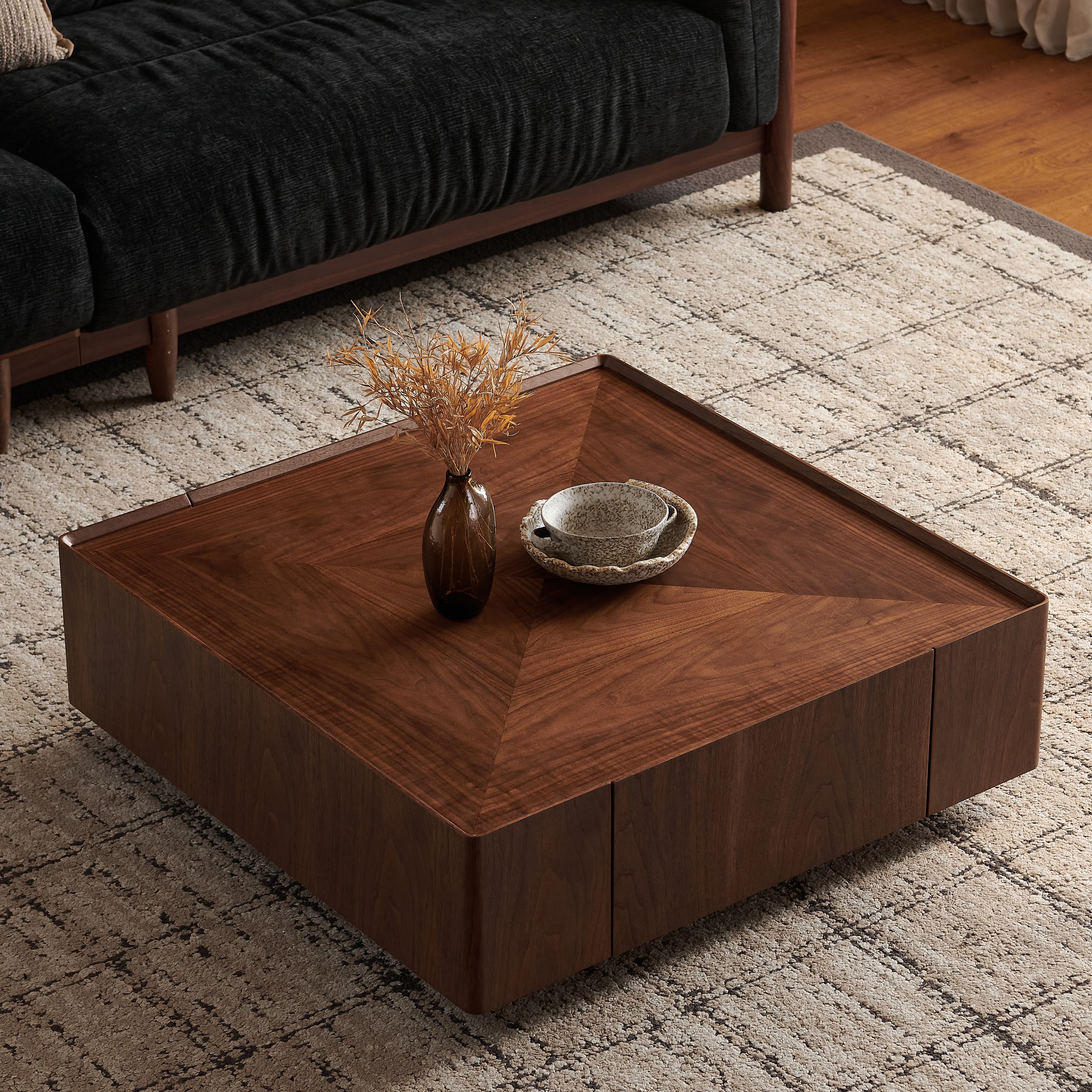 35.4-inch coffee table, square walnut wood design, suitable for living room. Walnut wood material, suitable for bedroom, living room and office
