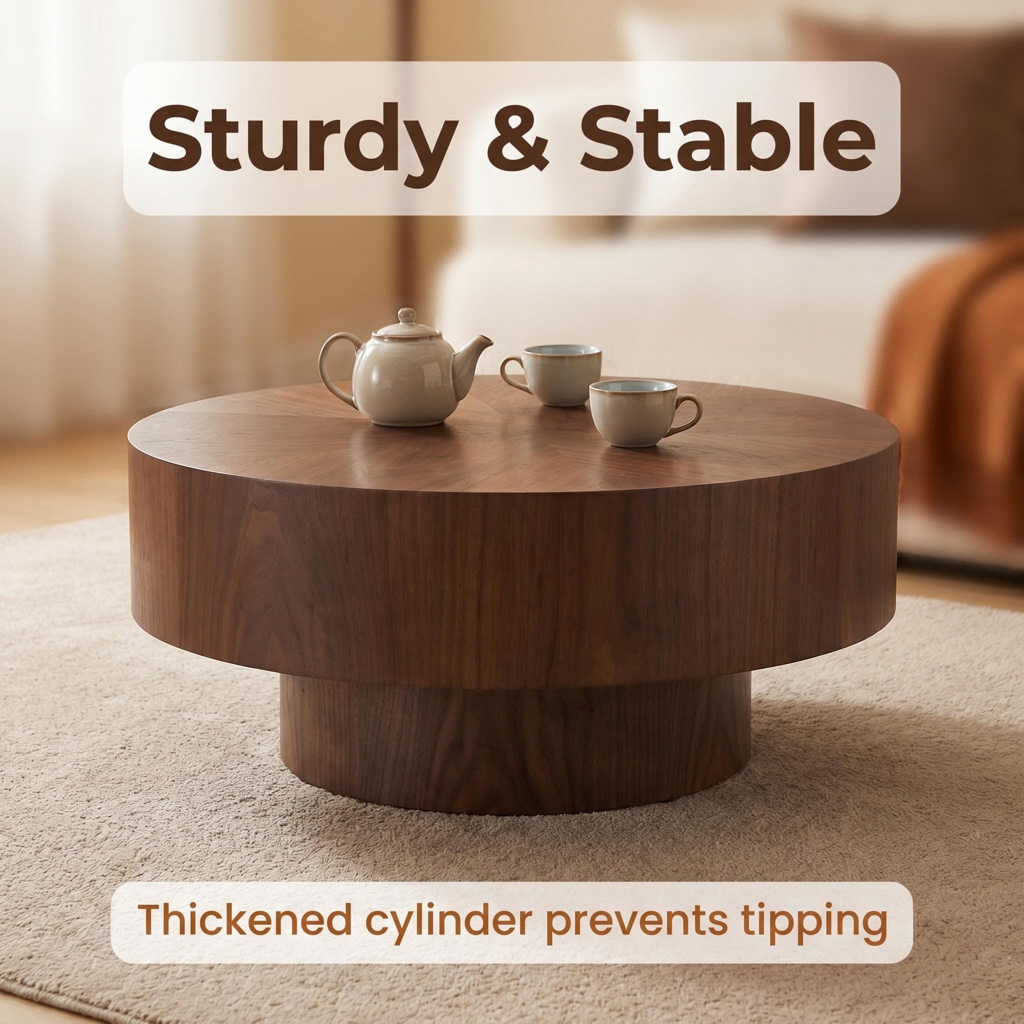 Round Wood 31.49 inch Coffee table for Living Room Table Walnut Suitable for Bedroom, Living Room, Office