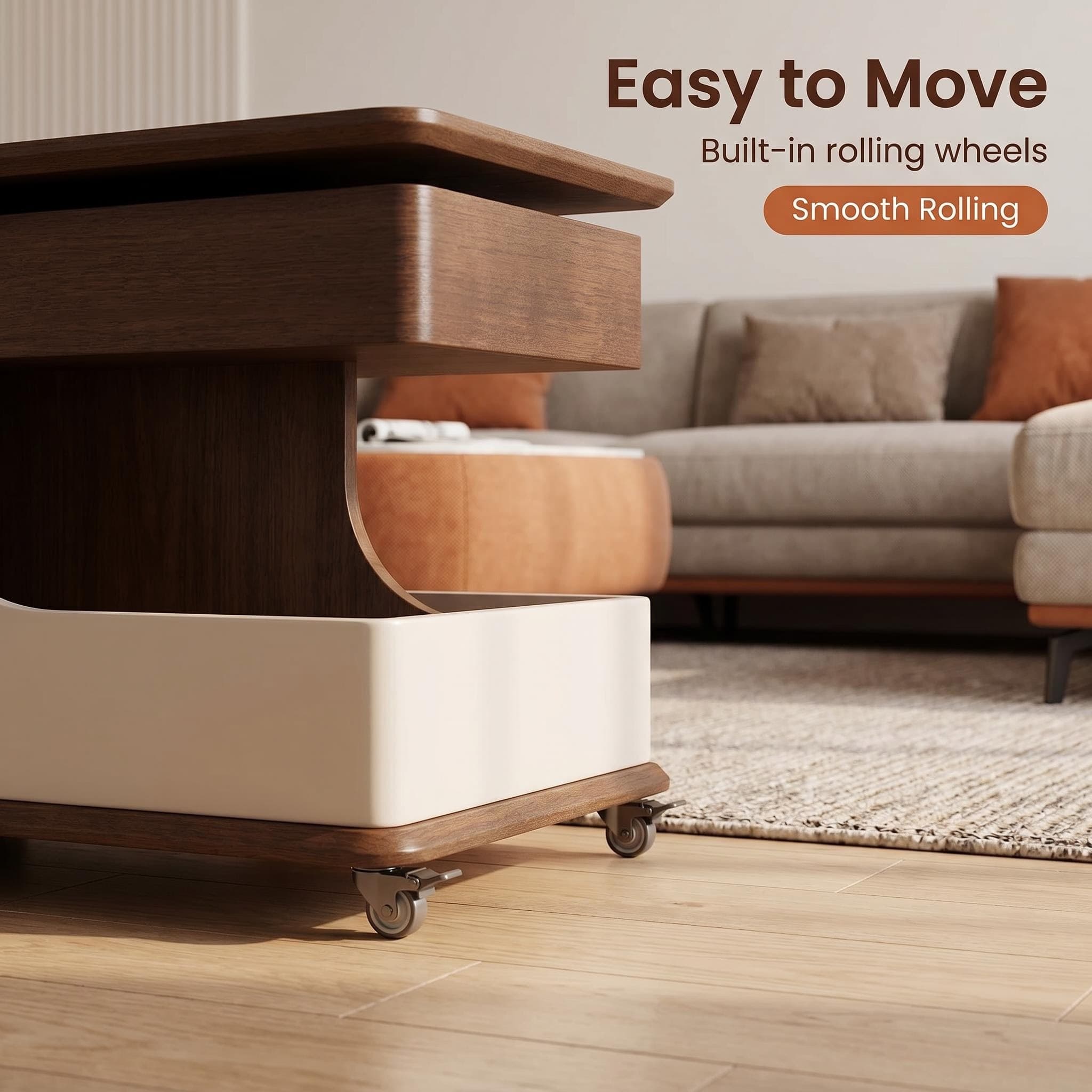 A small side table or coffee table with an adjustable height, suitable for the living room, balcony or bedroom. It is portable and features storage compartments, available in off-white and walnut.
