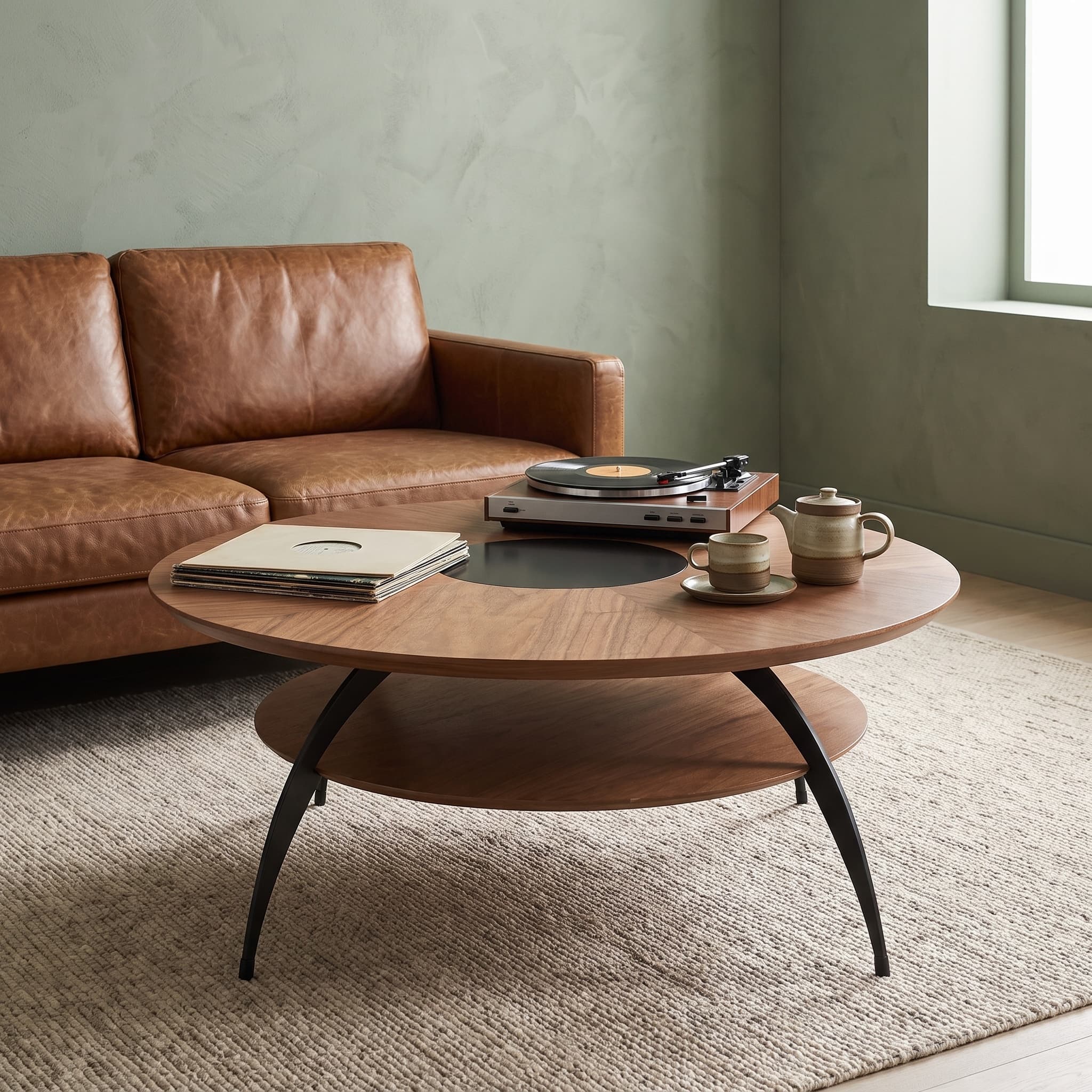 3.54-inch round coffee table with an inlaid glass top and carbon steel legs; walnut top and base