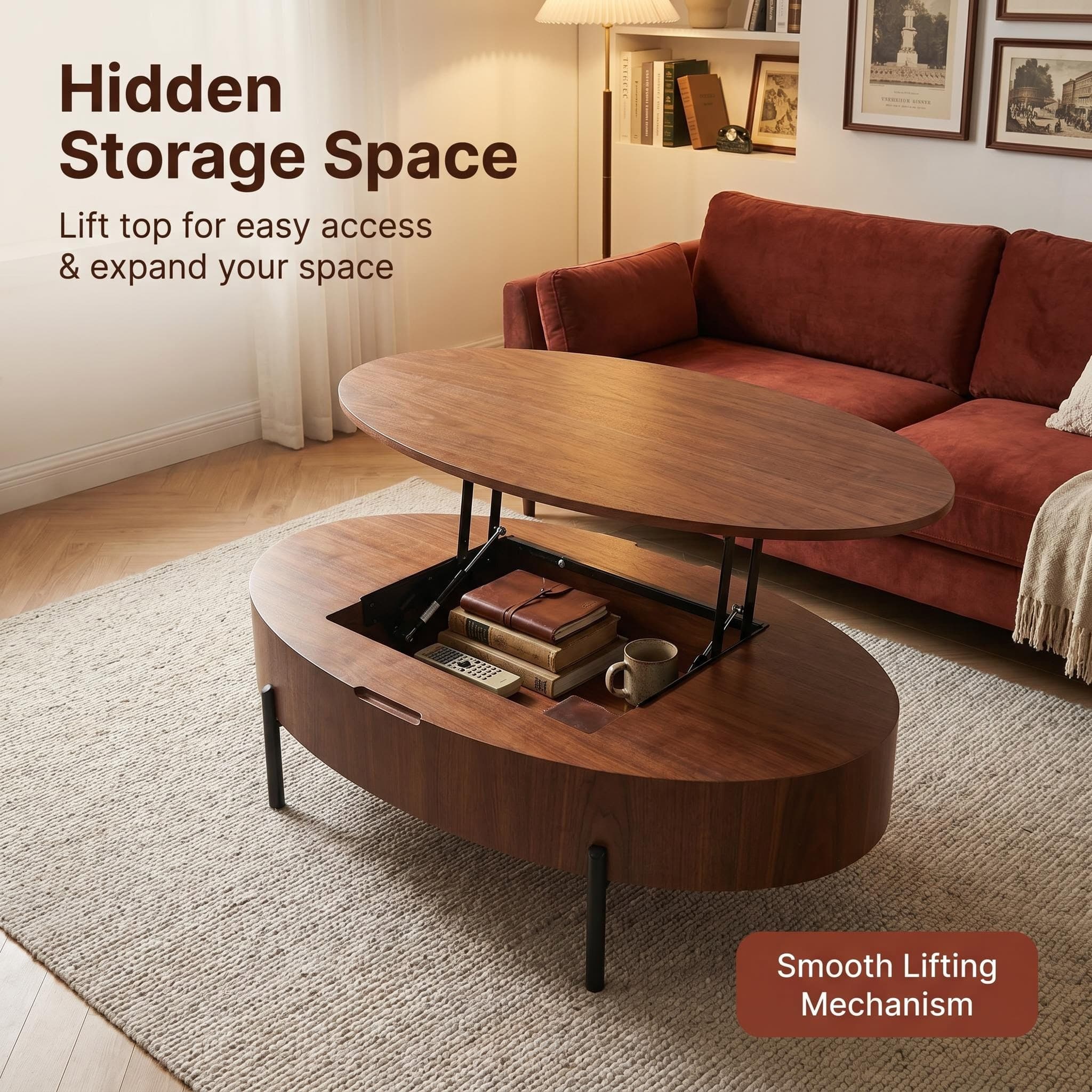 43.3-inch height-adjustable coffee table with solid wood veneer; modern-style coffee table with storage and adjustable height, suitable for living rooms, bedrooms, flats or offices; walnut colour