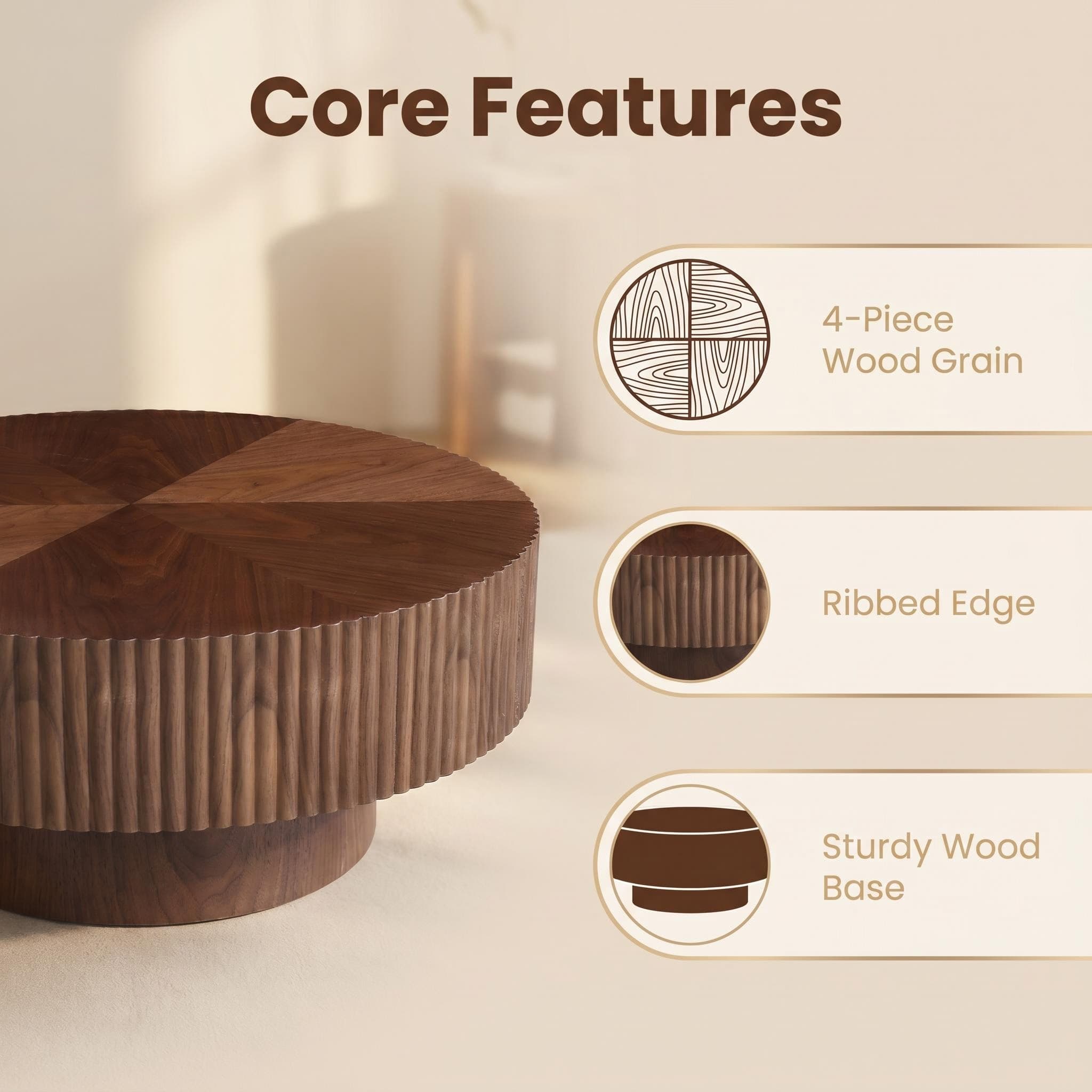 31.49'' Round Coffee Table Small Coffee Table for Apartment, Modern Living Room Coffee Table with Sturdy Pedestal,WALNUT