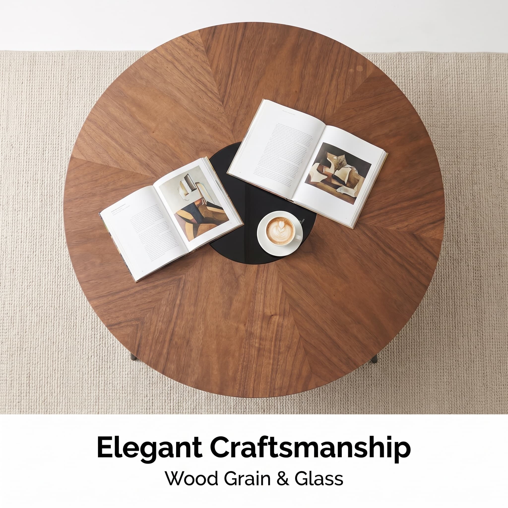 3.54-inch round coffee table with an inlaid glass top and carbon steel legs; walnut top and base