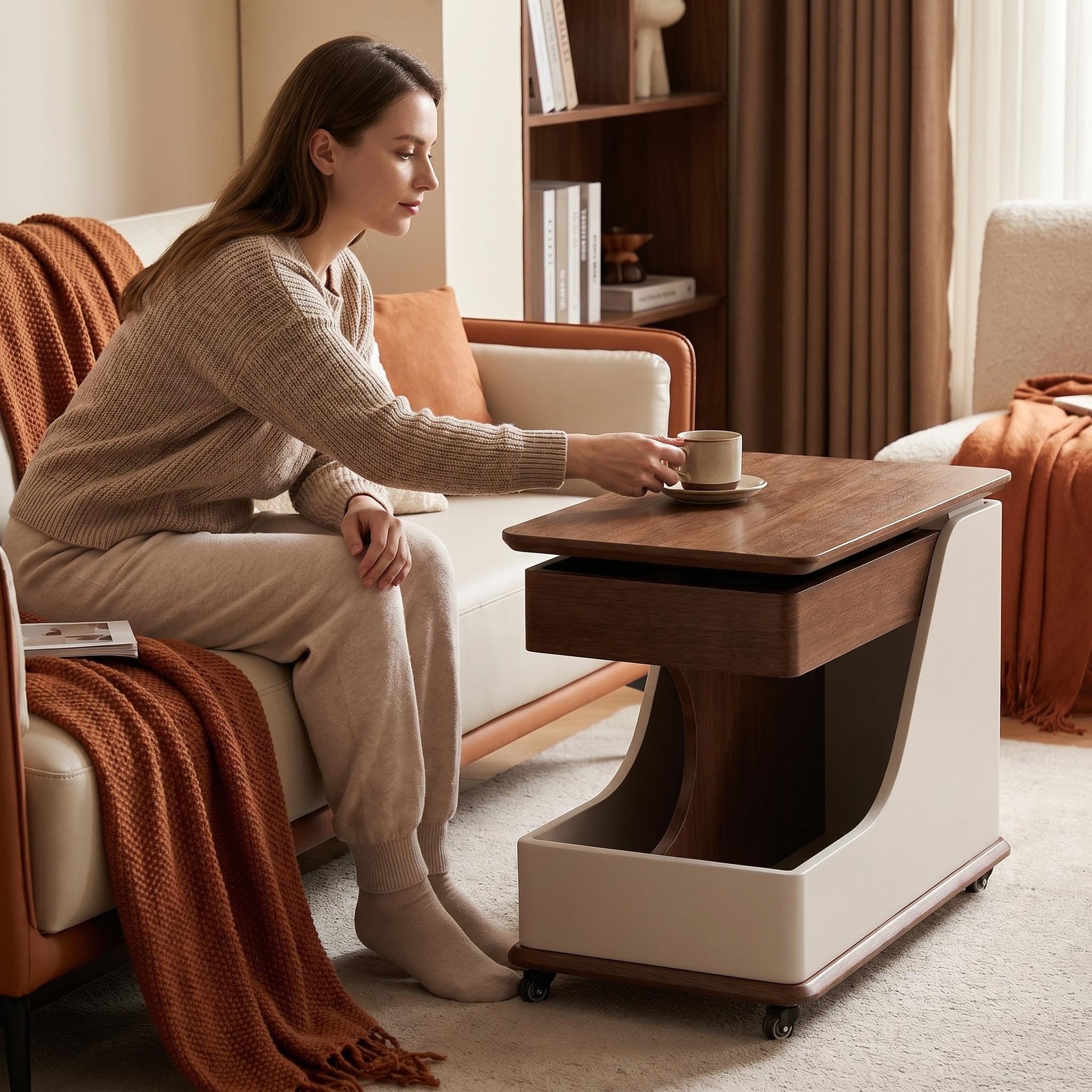 A small side table or coffee table with an adjustable height, suitable for the living room, balcony or bedroom. It is portable and features storage compartments, available in off-white and walnut.