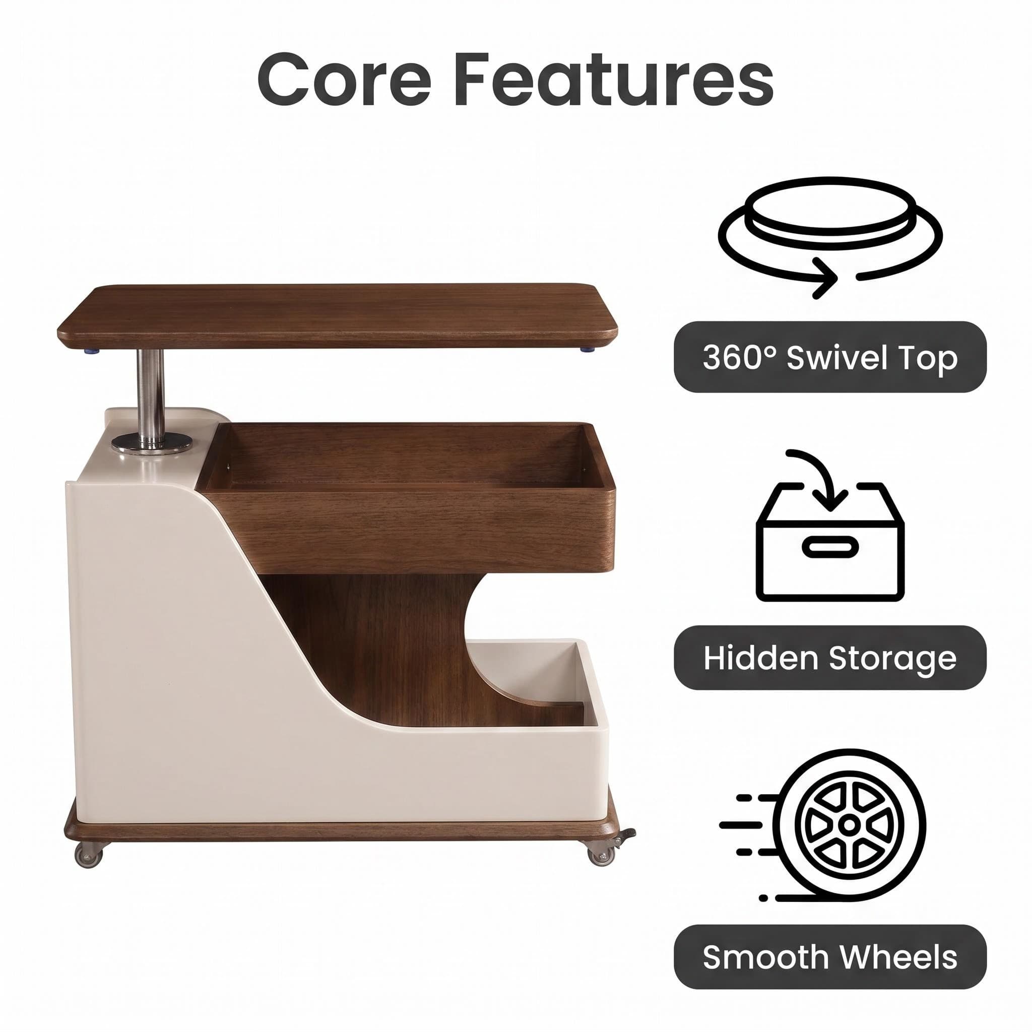 A small side table or coffee table with an adjustable height, suitable for the living room, balcony or bedroom. It is portable and features storage compartments, available in off-white and walnut.
