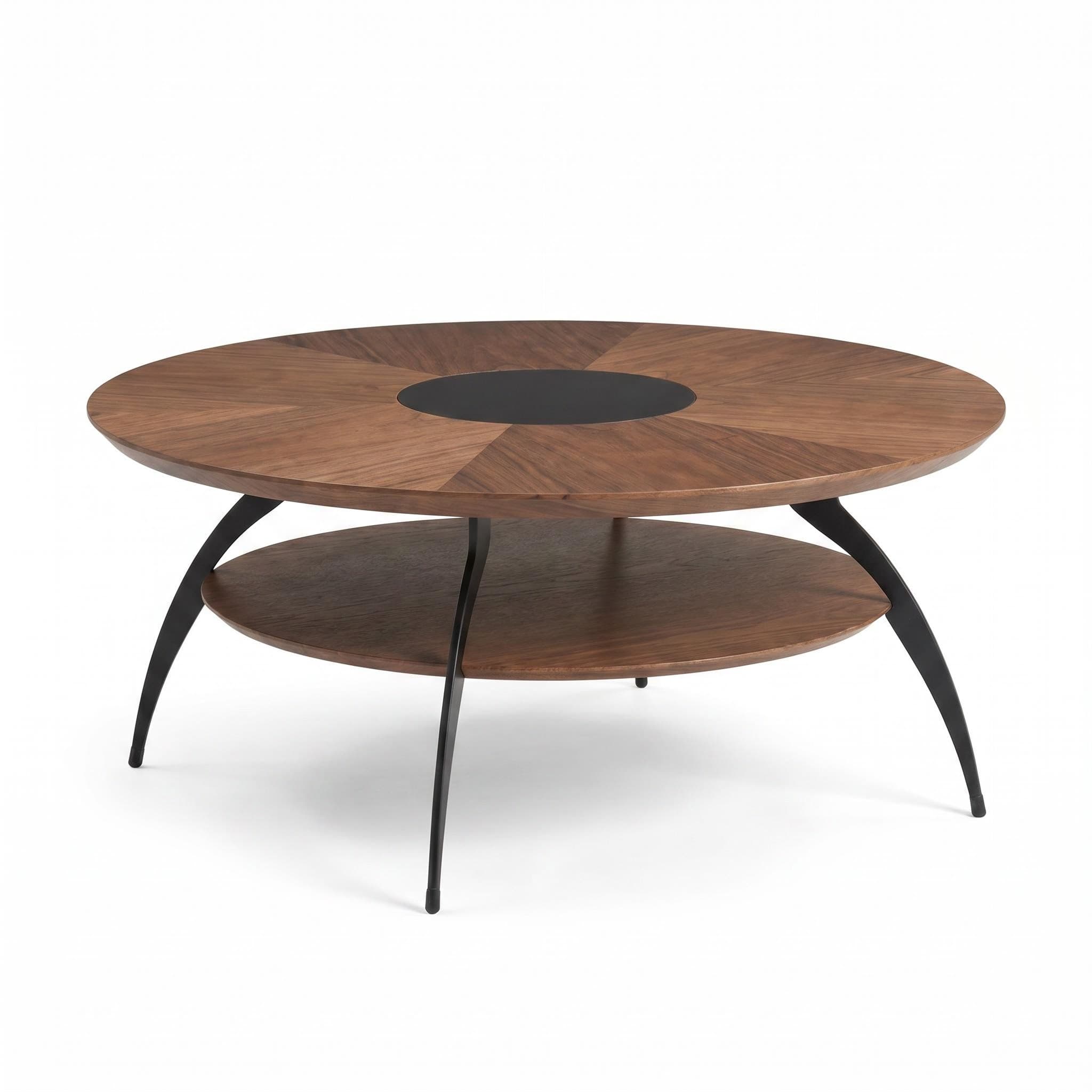 3.54-inch round coffee table with an inlaid glass top and carbon steel legs; walnut top and base