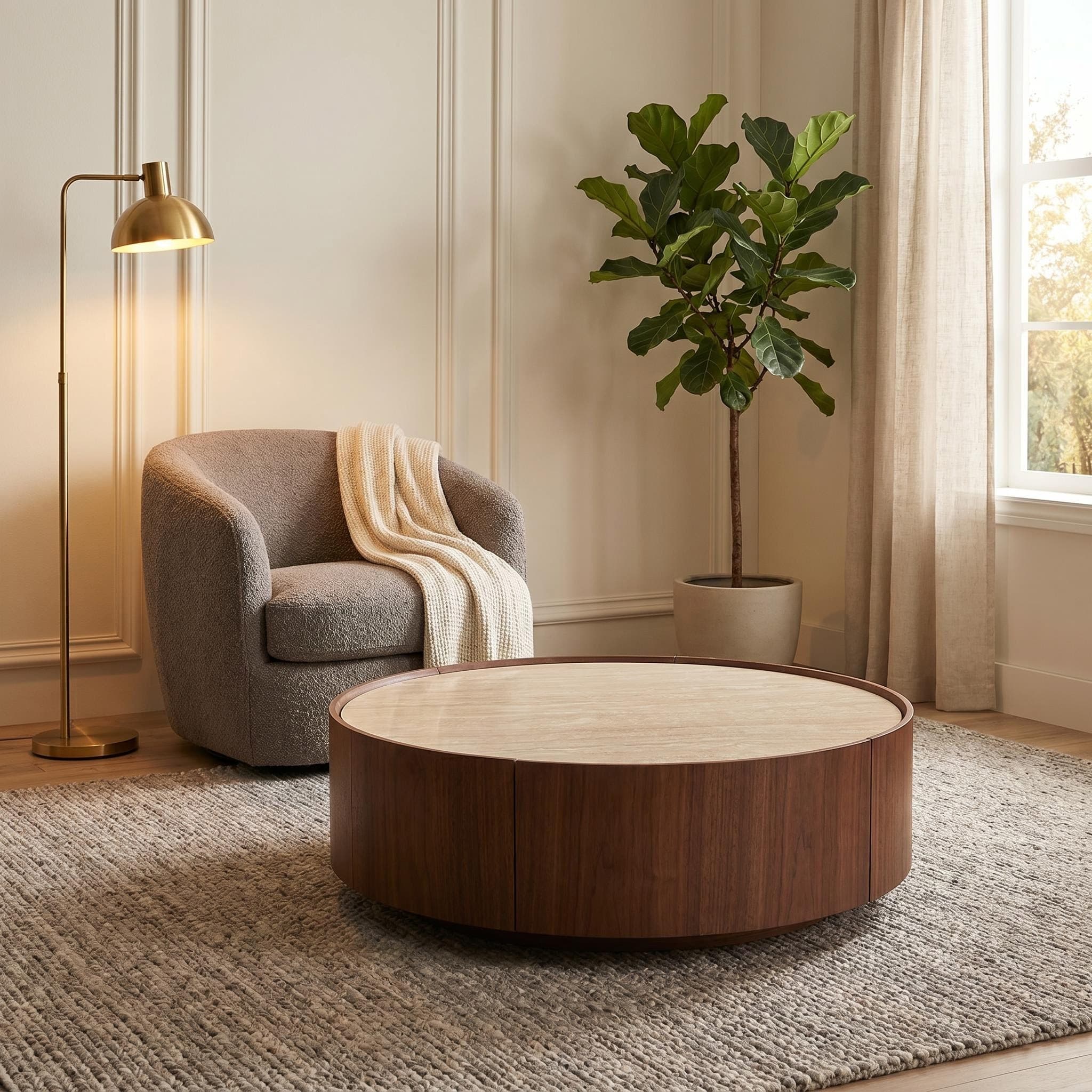 39.3 Round coffee table, with a sintered stone top featuring inlaid details and natural walnut veneer, incorporating storage space