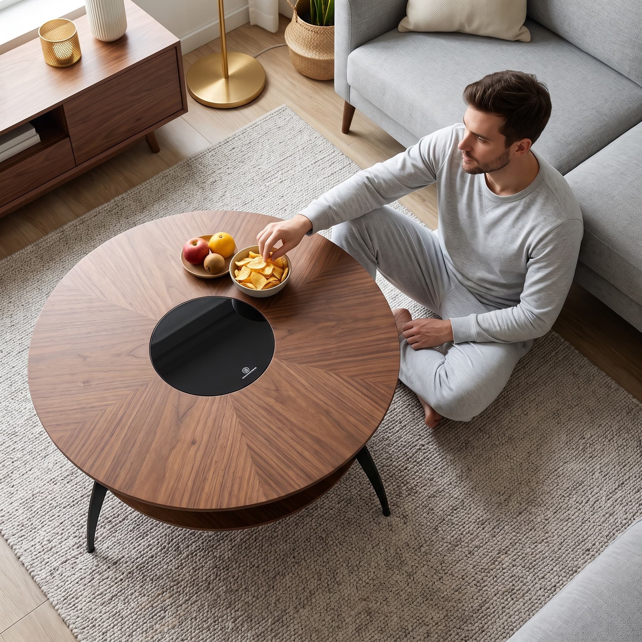 3.54-inch round coffee table with an inlaid glass top and carbon steel legs; walnut top and base