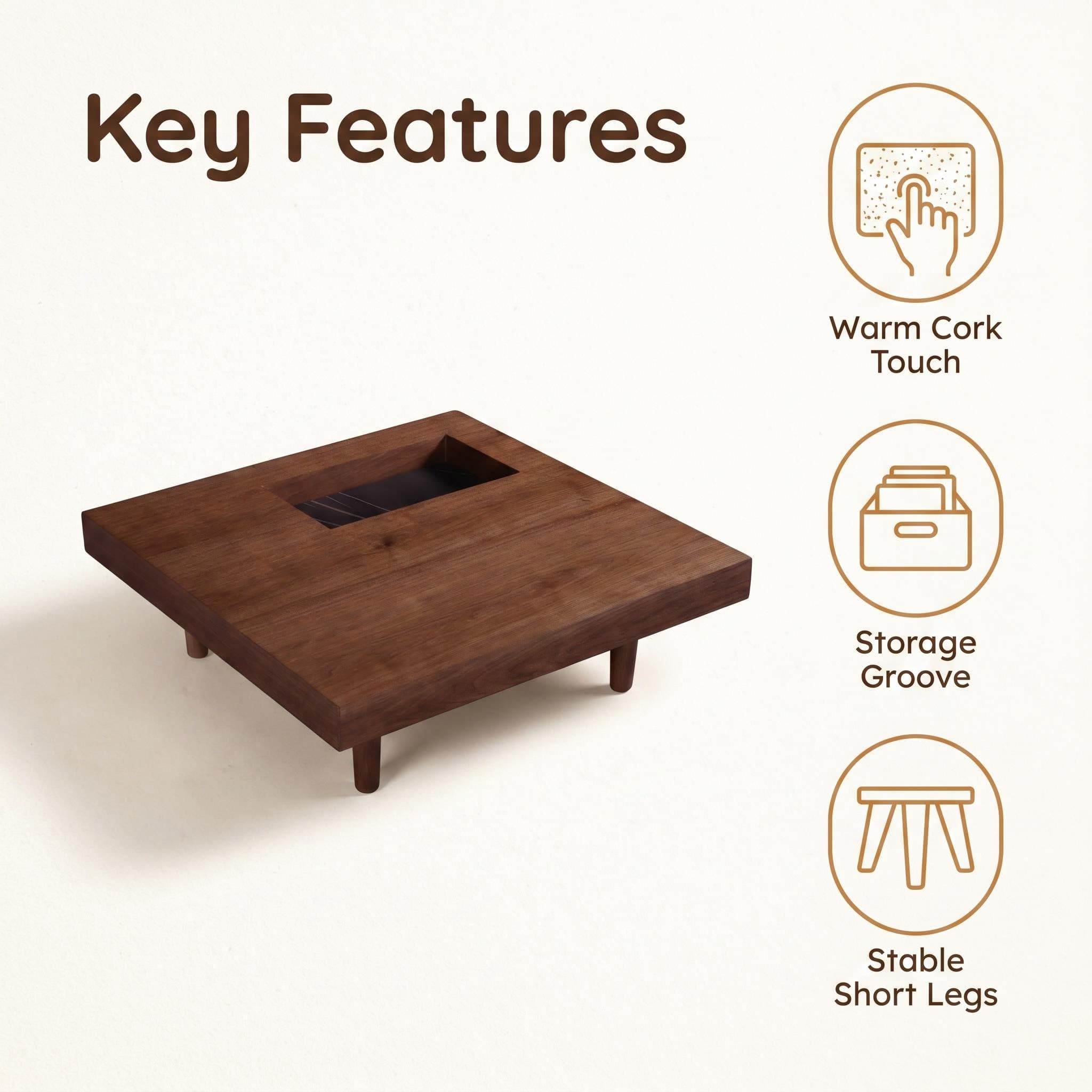 Square wooden coffee table, 34.5 inches, with storage; walnut coffee table suitable for the living room, bedroom or office