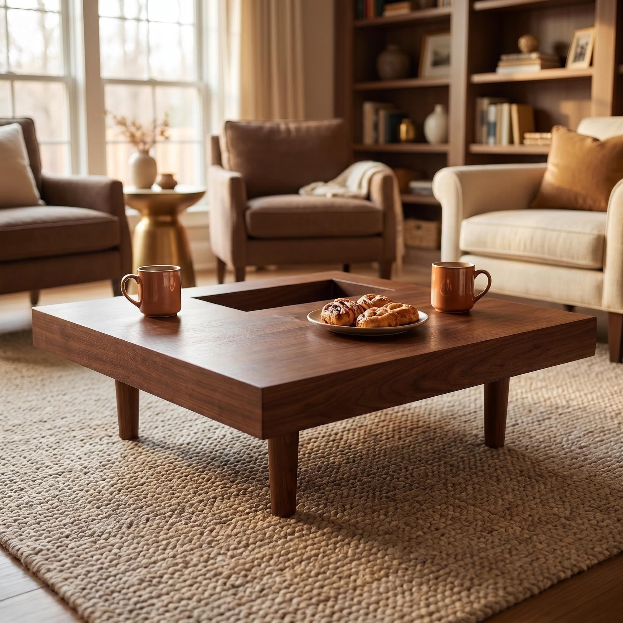 Square wooden coffee table, 34.5 inches, with storage; walnut coffee table suitable for the living room, bedroom or office