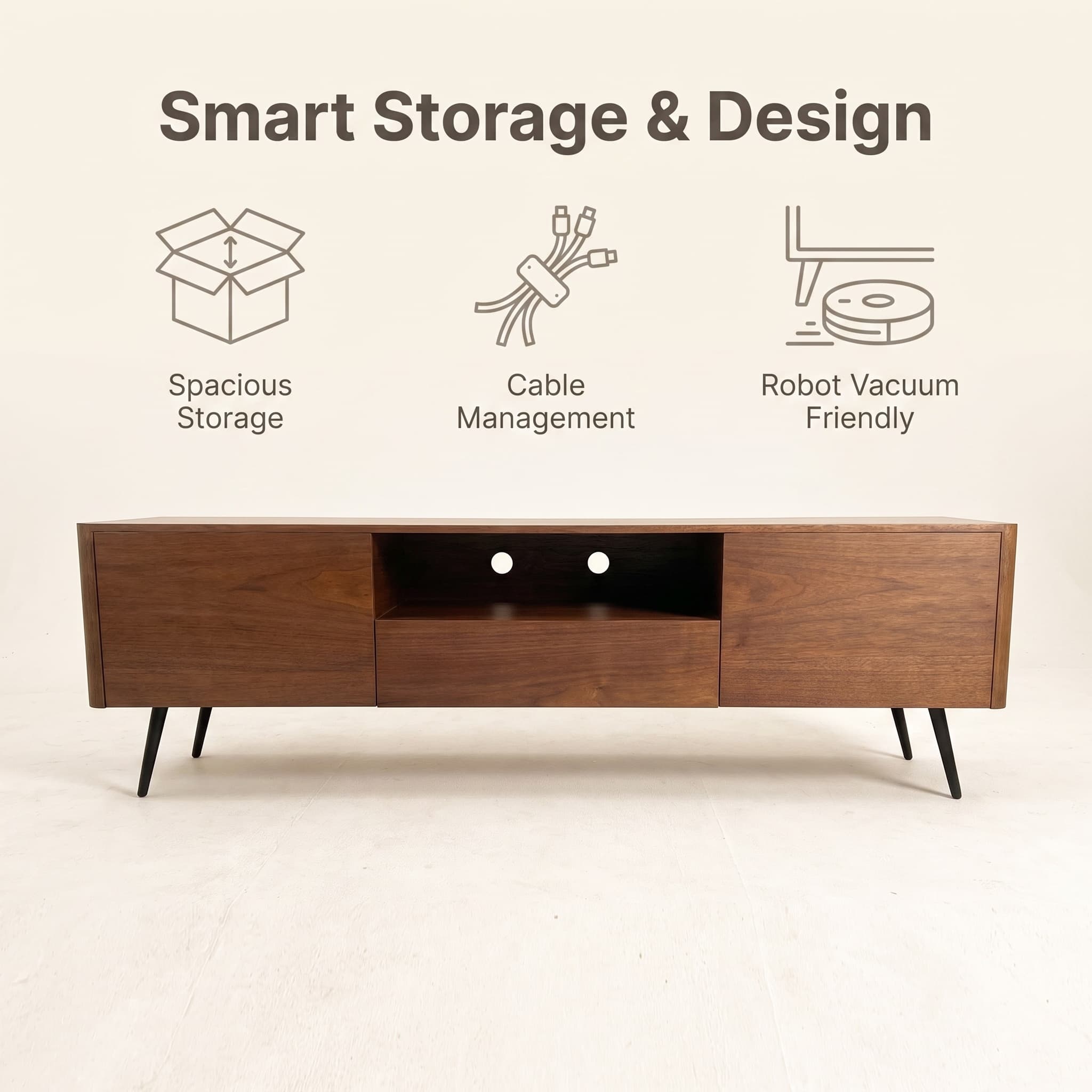 70.8-inch walnut TV stand, suitable for televisions up to 85 inches, featuring enclosed storage and cable management, soft-close hinges and iron legs, ideal for the living room RR