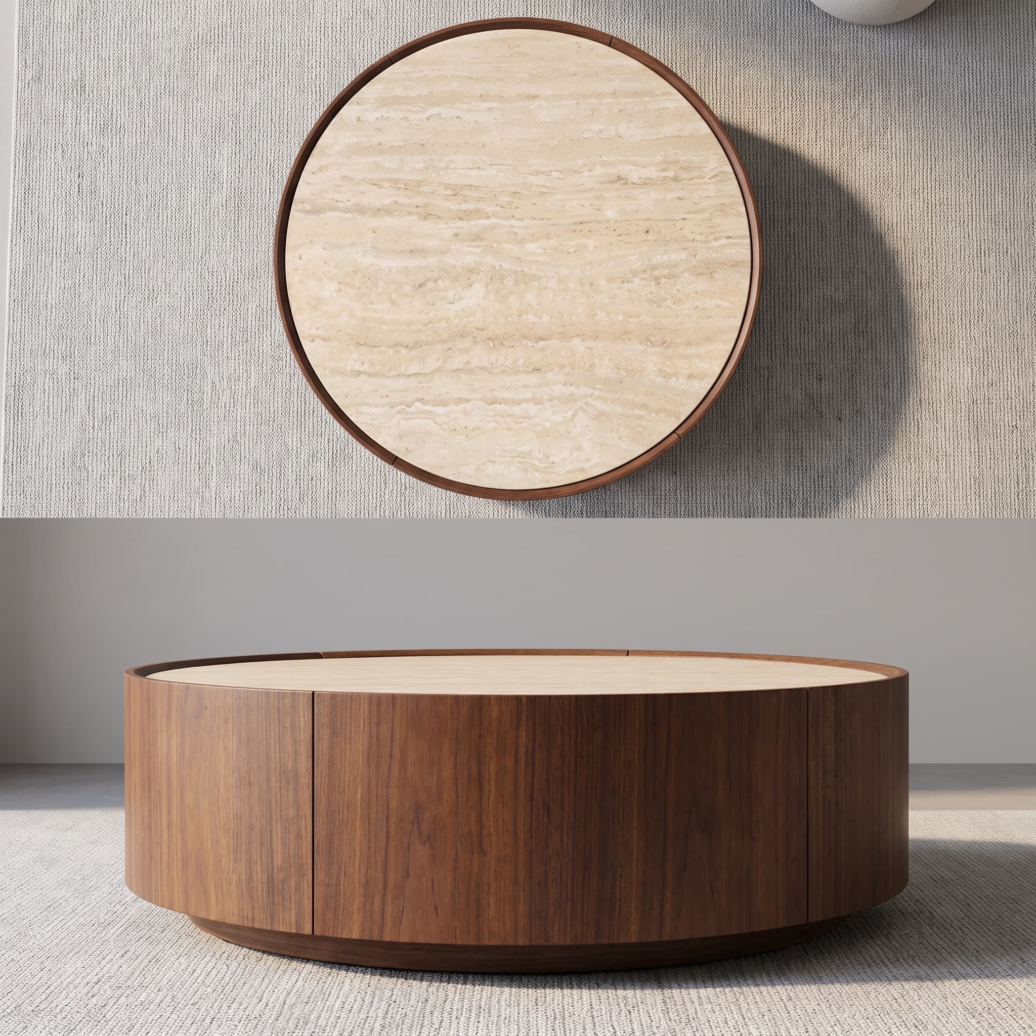 39.3 Round coffee table, with a sintered stone top featuring inlaid details and natural walnut veneer, incorporating storage space