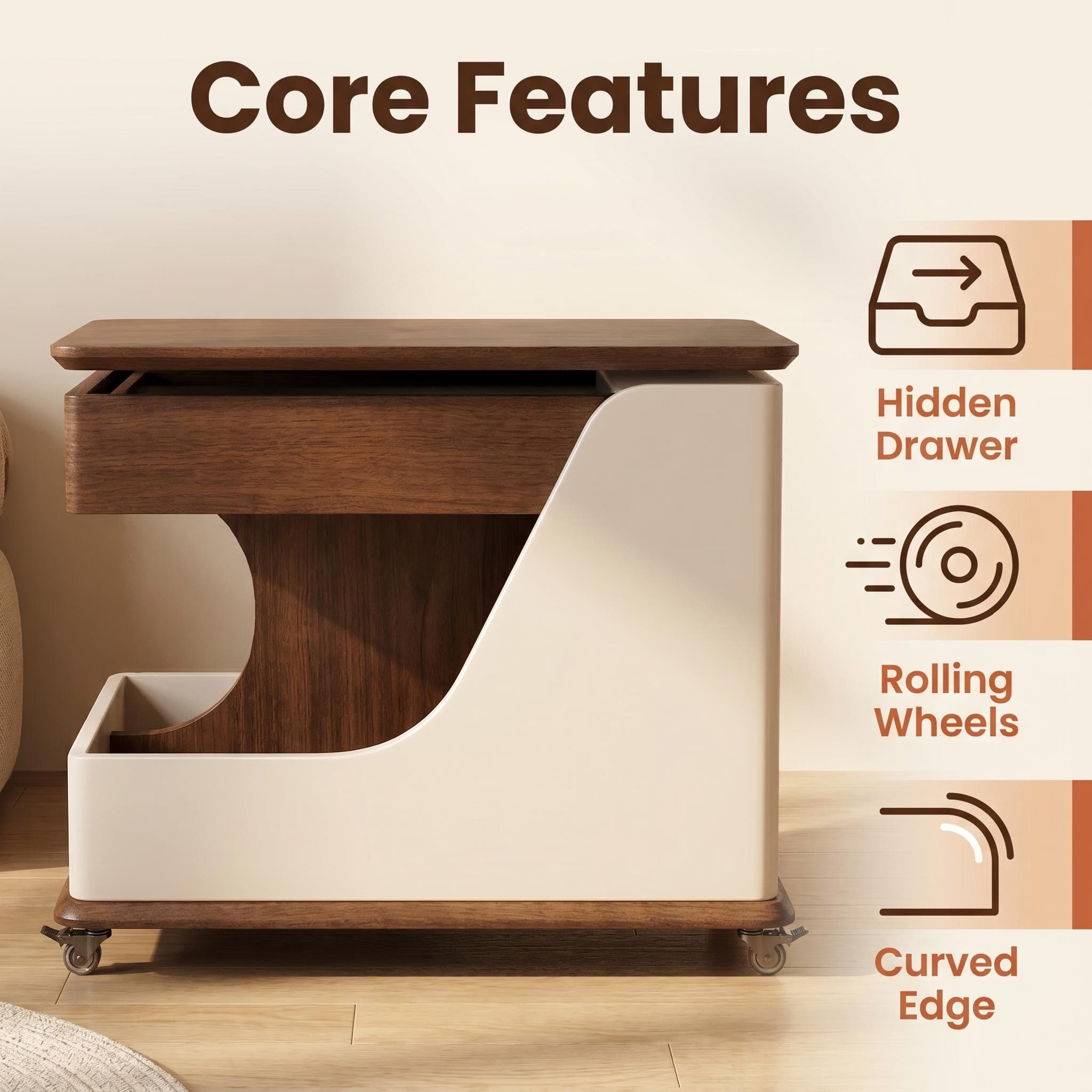 A small side table or coffee table with an adjustable height, suitable for the living room, balcony or bedroom. It is portable and features storage compartments, available in off-white and walnut.