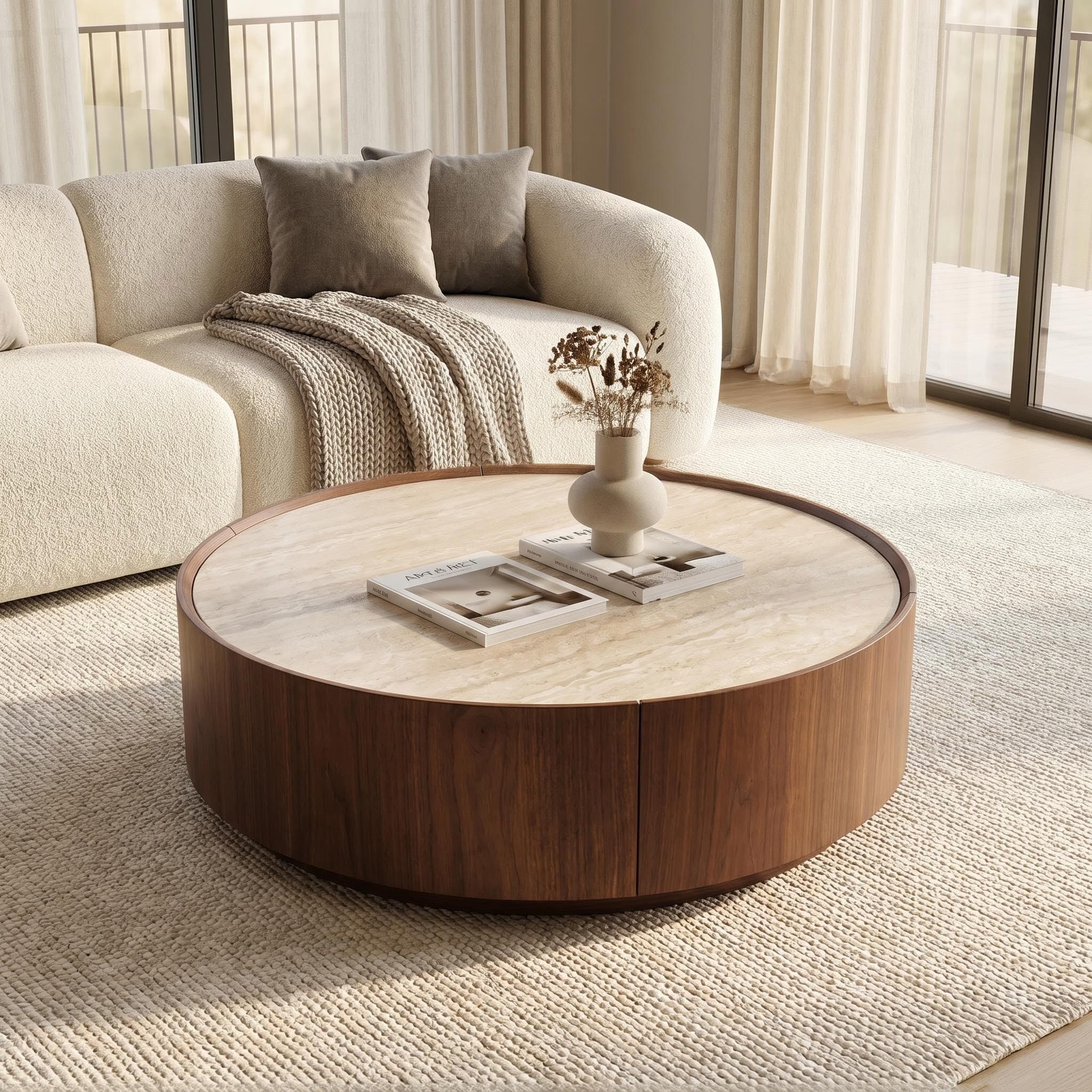 39.3 Round coffee table, with a sintered stone top featuring inlaid details and natural walnut veneer, incorporating storage space