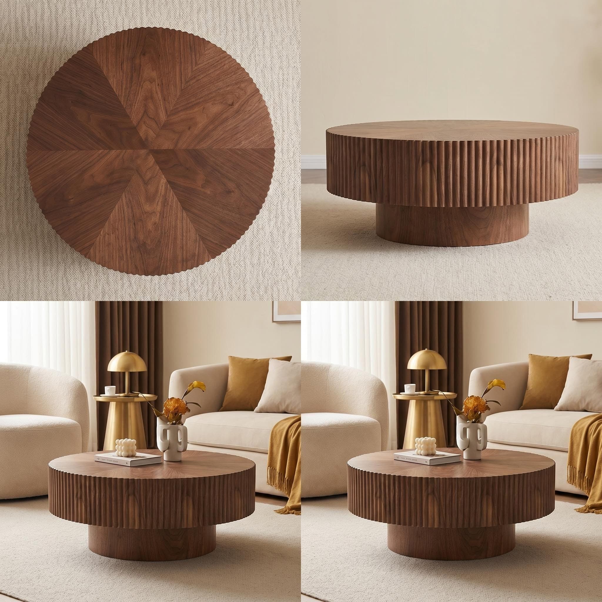 31.49'' Round Coffee Table Small Coffee Table for Apartment, Modern Living Room Coffee Table with Sturdy Pedestal,WALNUT