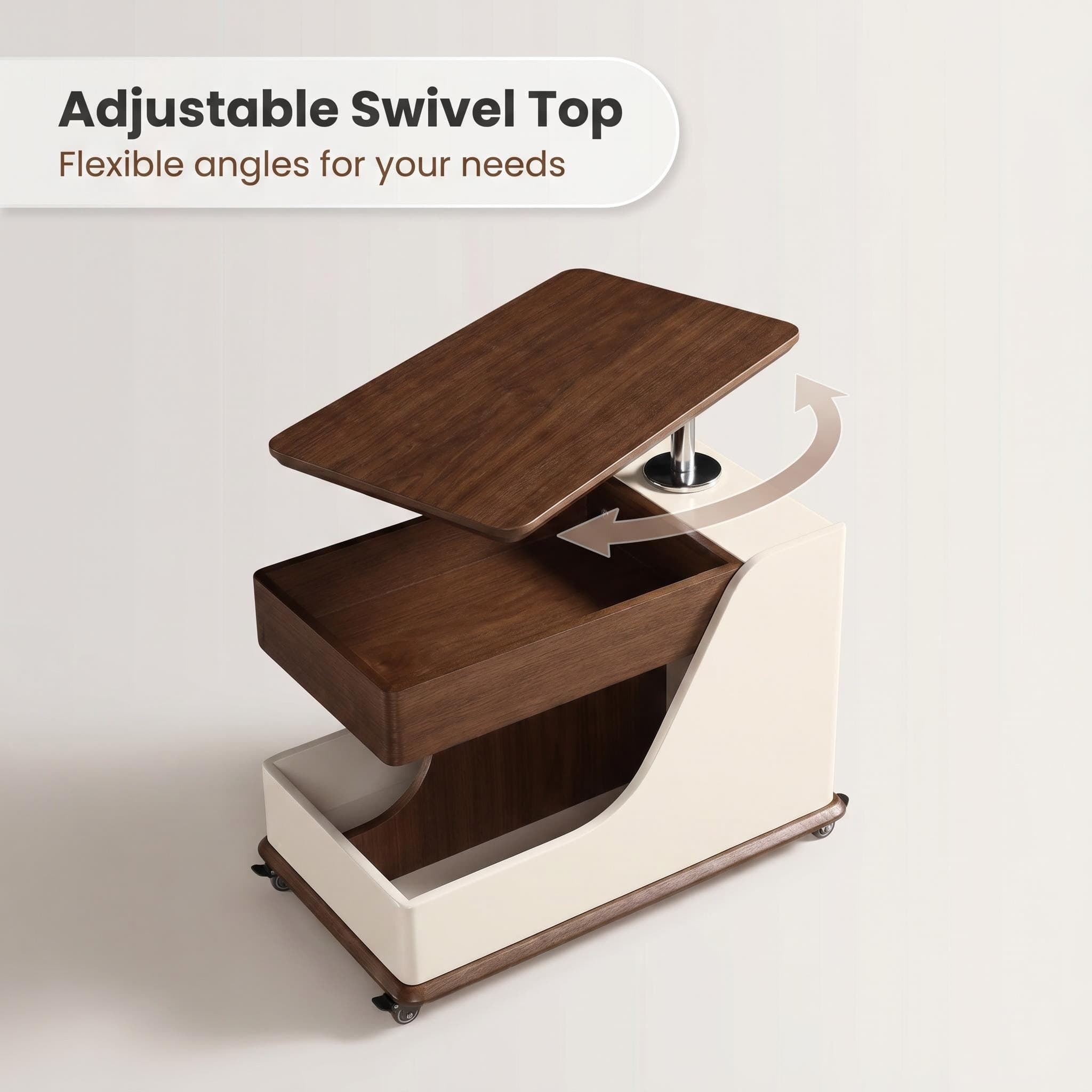 A small side table or coffee table with an adjustable height, suitable for the living room, balcony or bedroom. It is portable and features storage compartments, available in off-white and walnut.