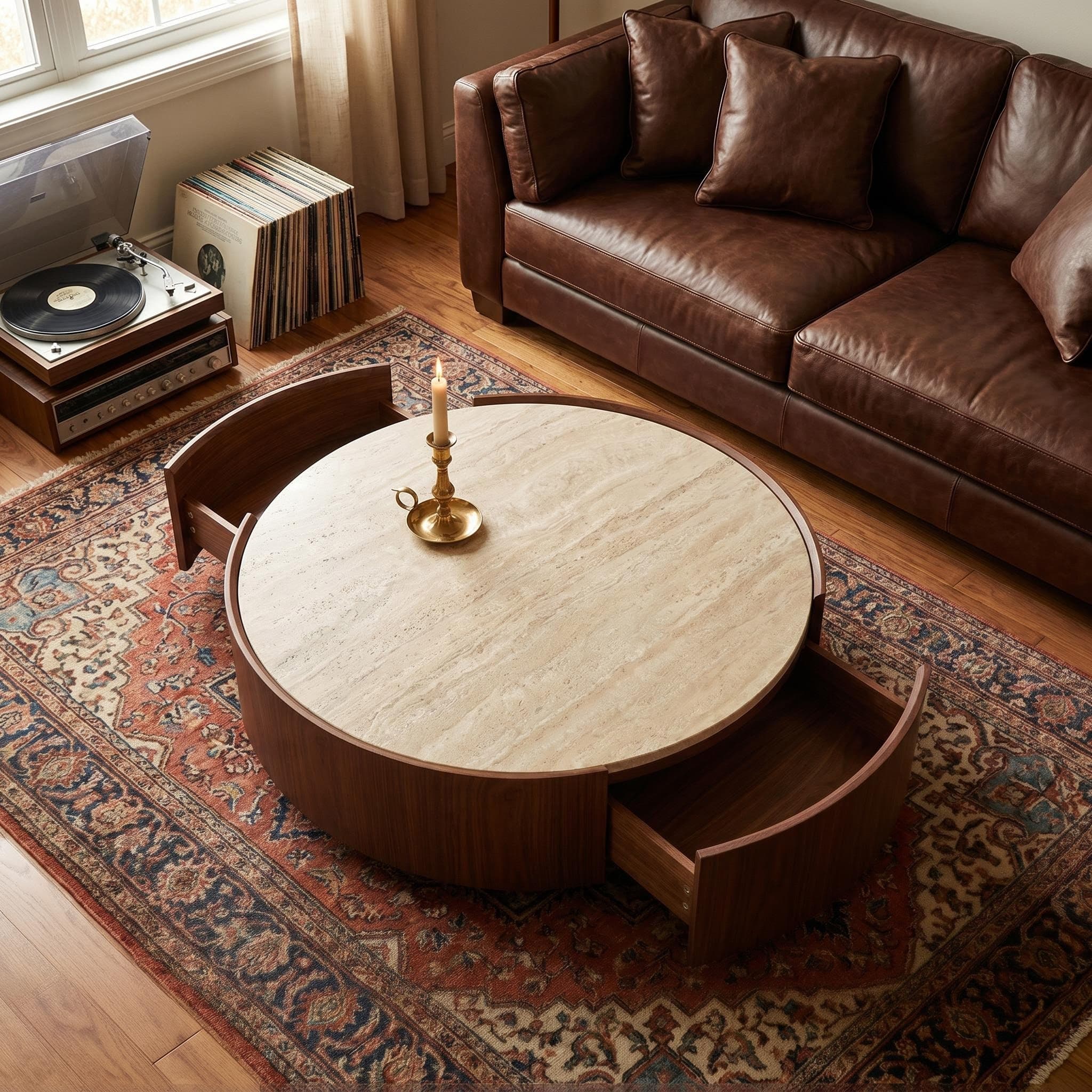 39.3 Round coffee table, with a sintered stone top featuring inlaid details and natural walnut veneer, incorporating storage space