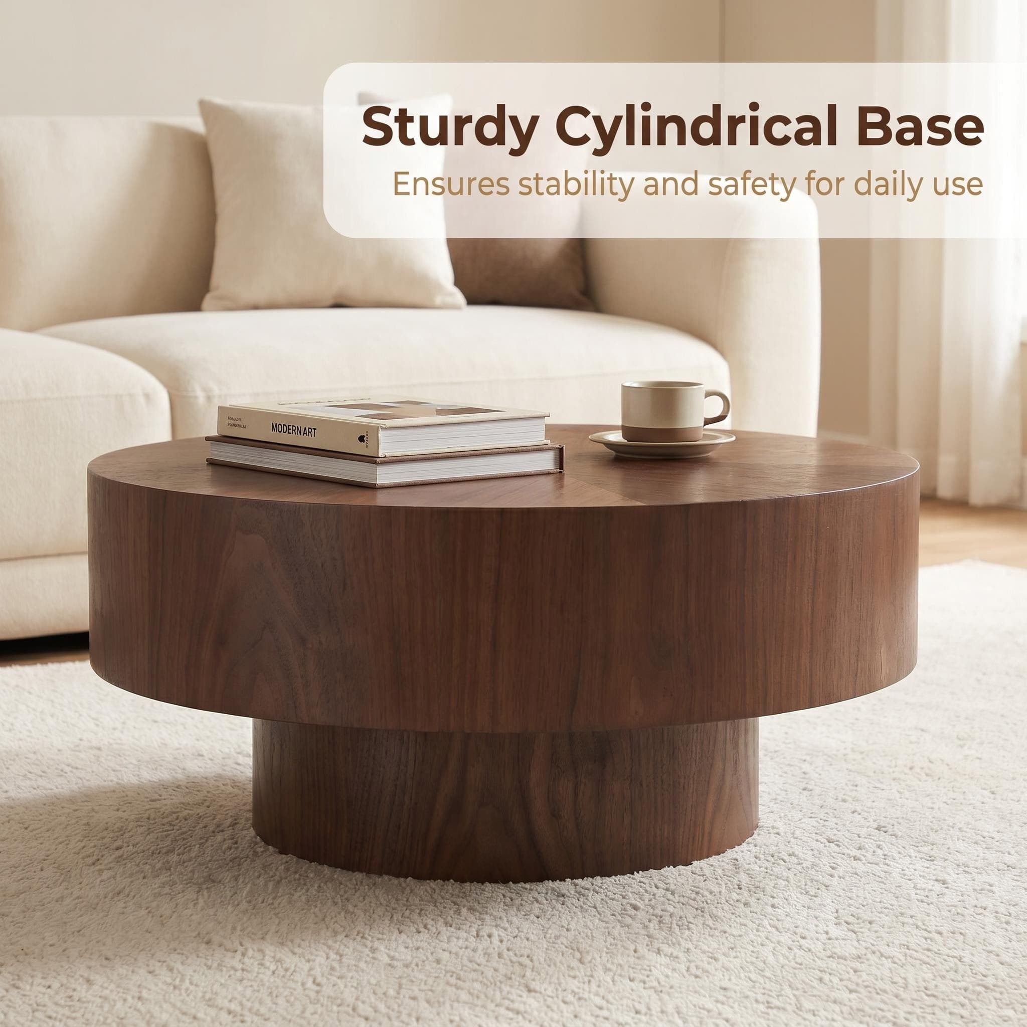 Round Wood 31.49 inch Coffee table for Living Room Table Walnut Suitable for Bedroom, Living Room, Office