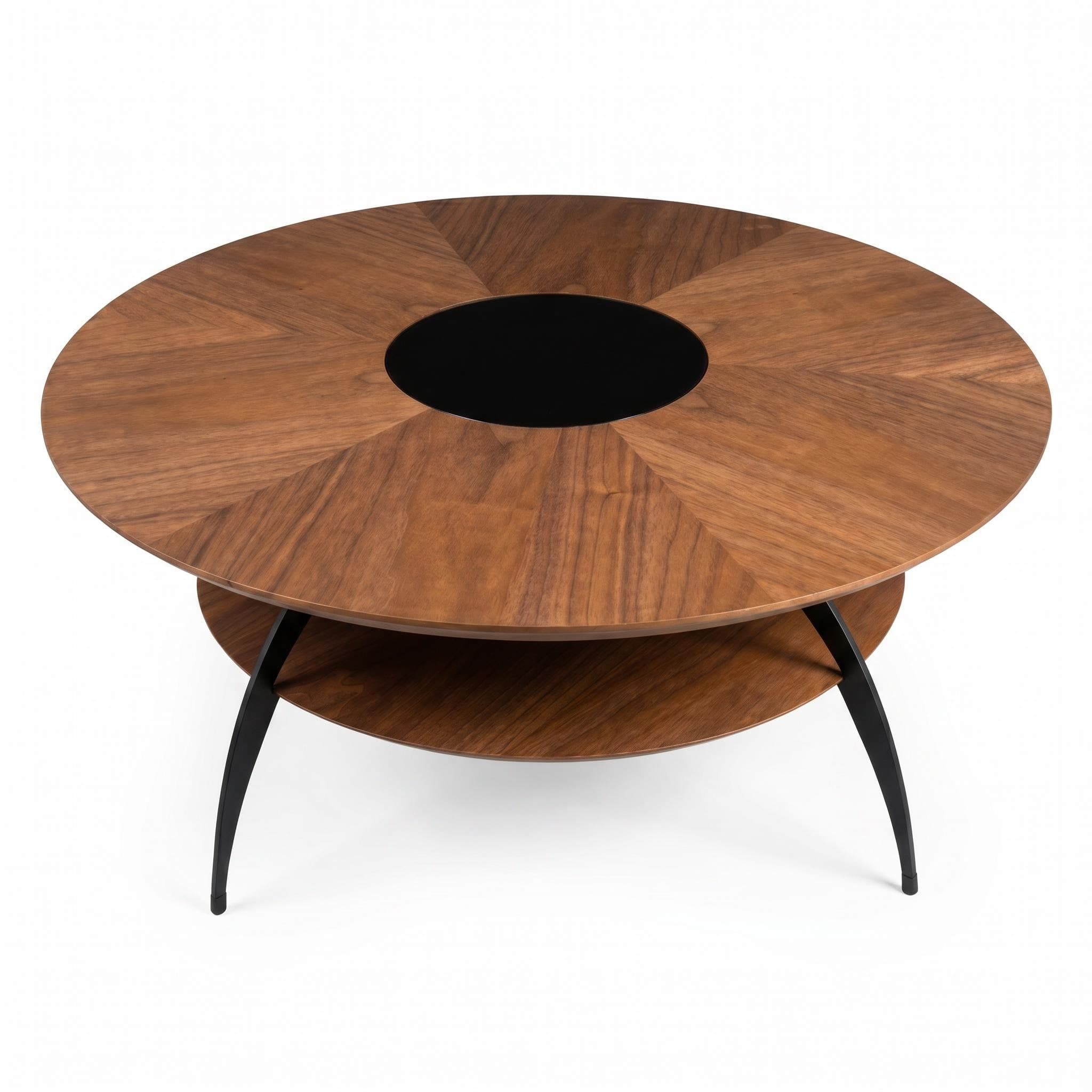 3.54-inch round coffee table with an inlaid glass top and carbon steel legs; walnut top and base