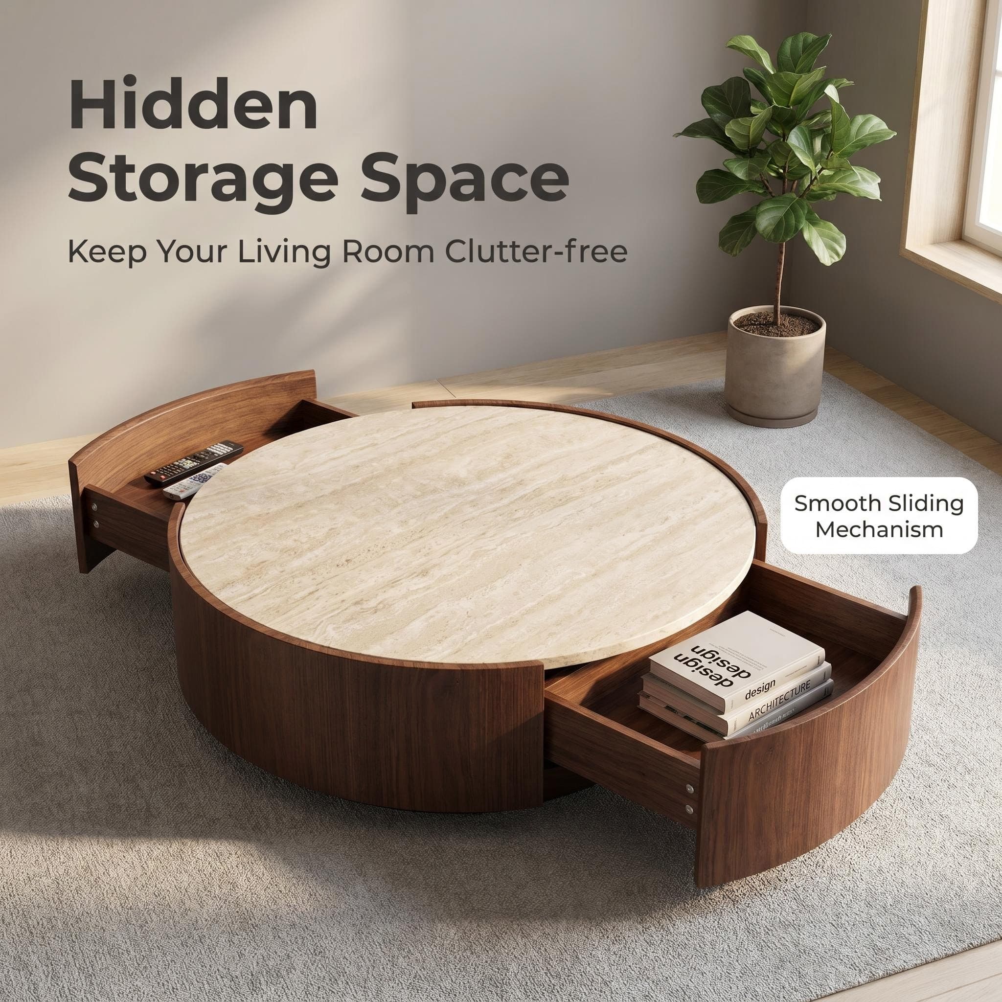 39.3 Round coffee table, with a sintered stone top featuring inlaid details and natural walnut veneer, incorporating storage space