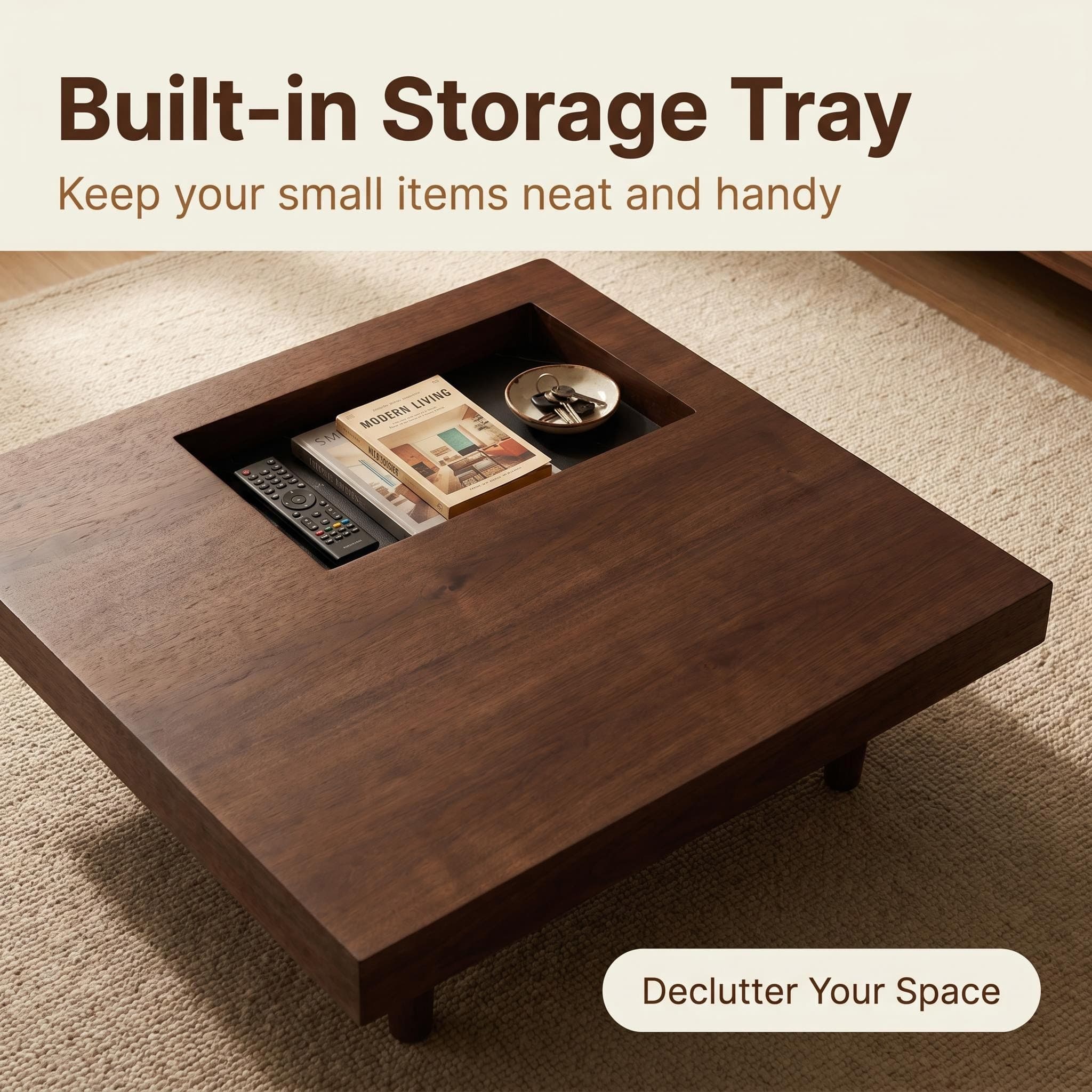 Square wooden coffee table, 34.5 inches, with storage; walnut coffee table suitable for the living room, bedroom or office