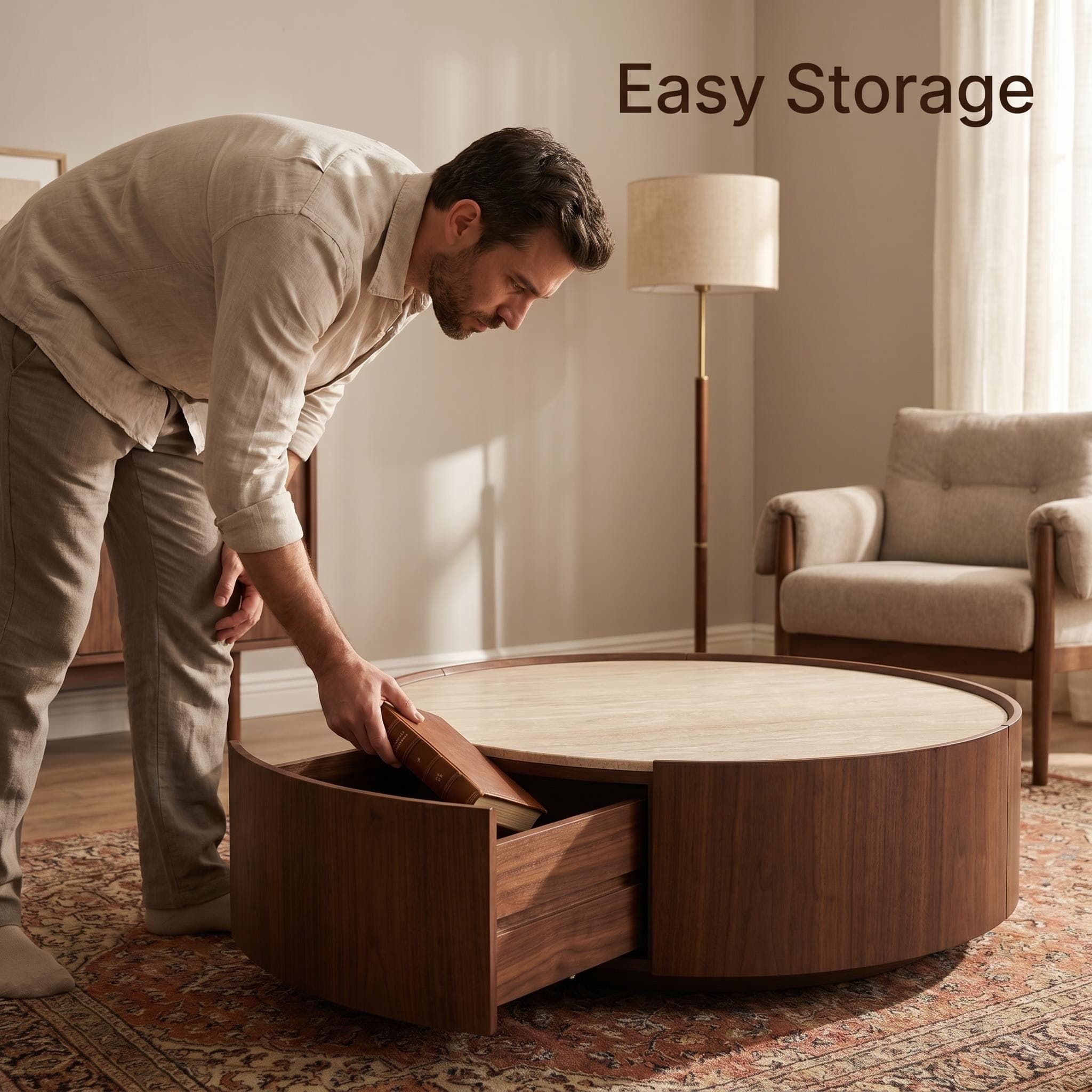 39.3 Round coffee table, with a sintered stone top featuring inlaid details and natural walnut veneer, incorporating storage space