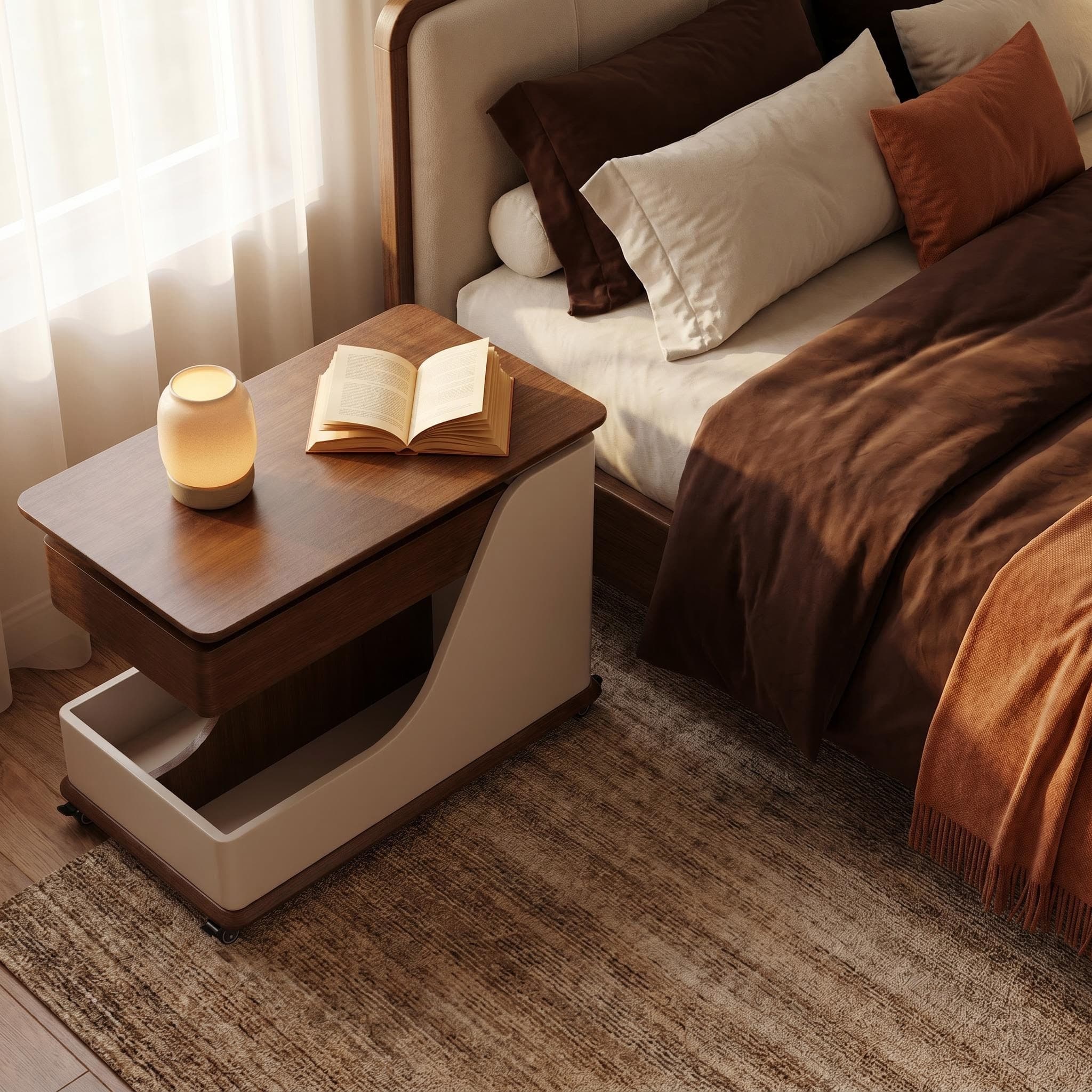 A small side table or coffee table with an adjustable height, suitable for the living room, balcony or bedroom. It is portable and features storage compartments, available in off-white and walnut.