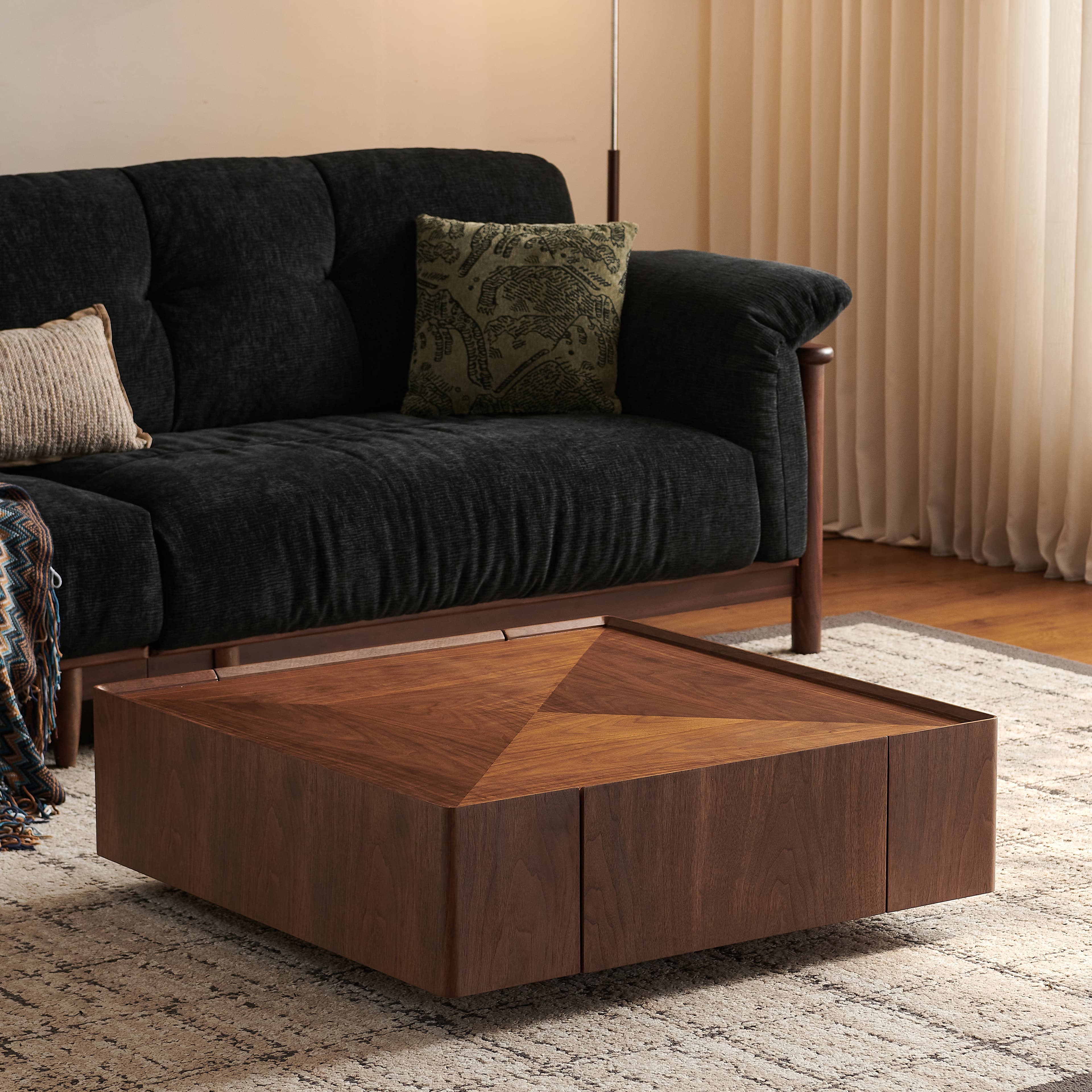 35.4-inch coffee table, square walnut wood design, suitable for living room. Walnut wood material, suitable for bedroom, living room and office
