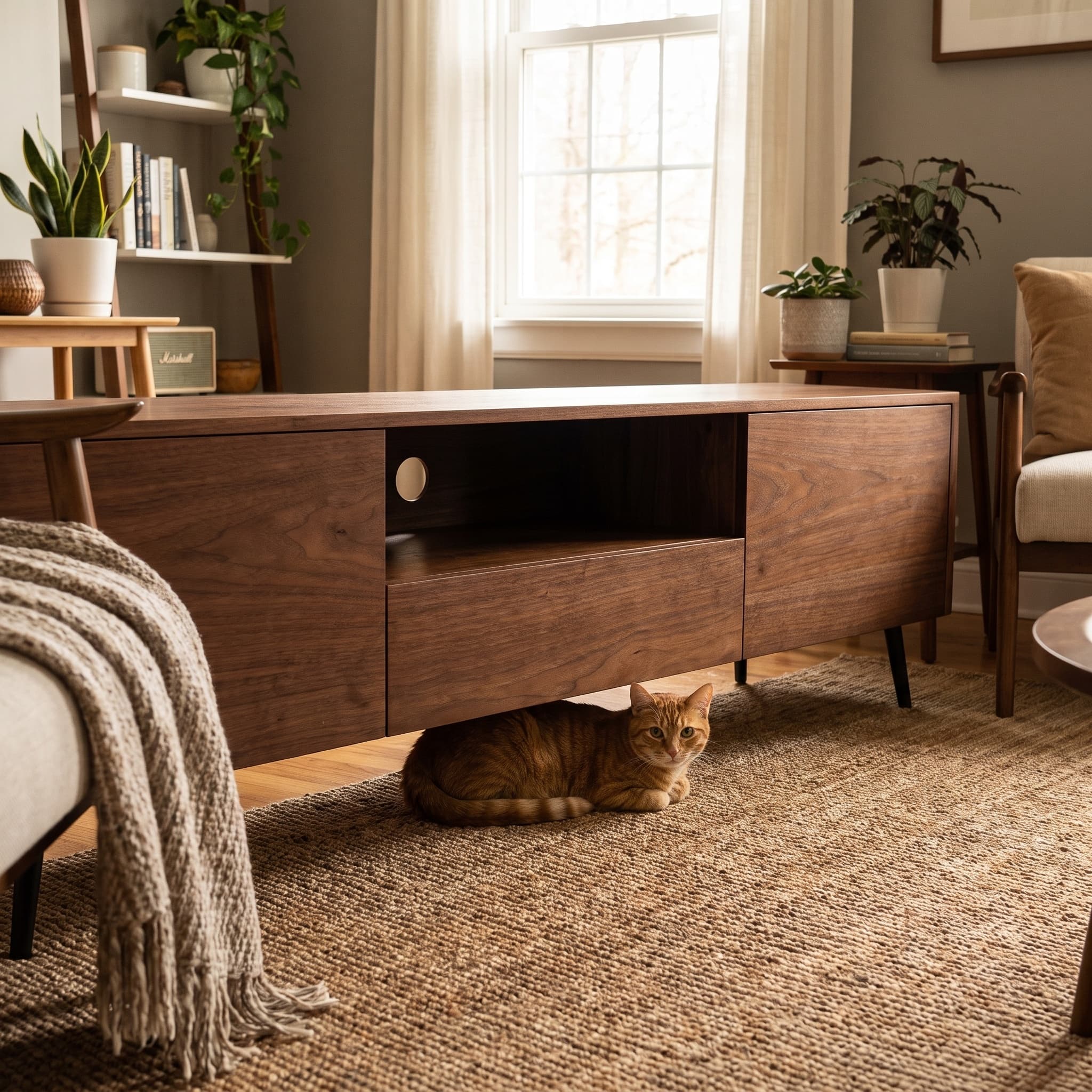 70.8-inch walnut TV stand, suitable for televisions up to 85 inches, featuring enclosed storage and cable management, soft-close hinges and iron legs, ideal for the living room RR