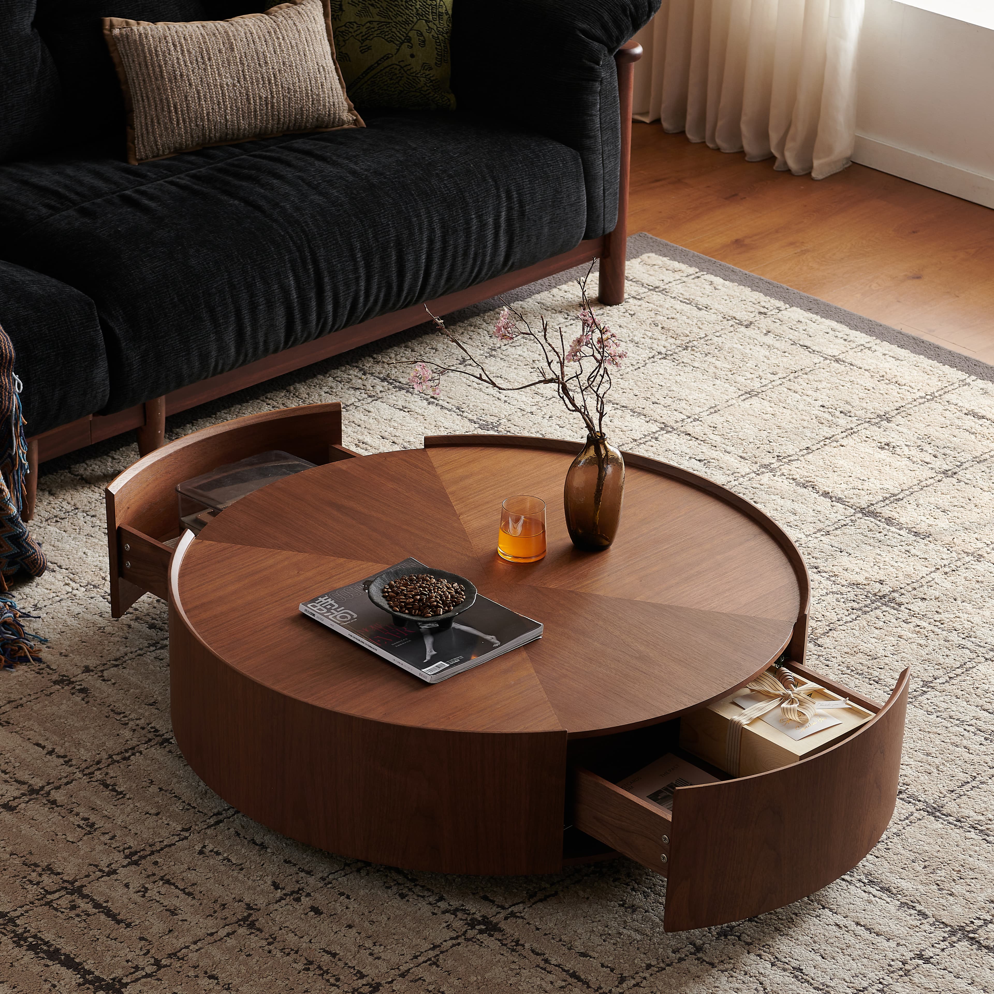 35.4-inch coffee tables, circular walnut design, suitable for living rooms, walnut material, suitable for bedrooms, living rooms, and offices