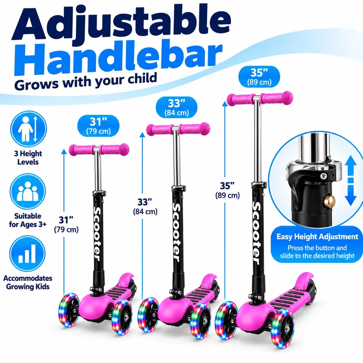 Kids 3-Wheel Scooter, Lean-to-Steer Toddler Scooter with Adjustable Height Handlebar, Rear Brake and Wide Deck, Lightweight Foldable Scooter for Boys & Girls