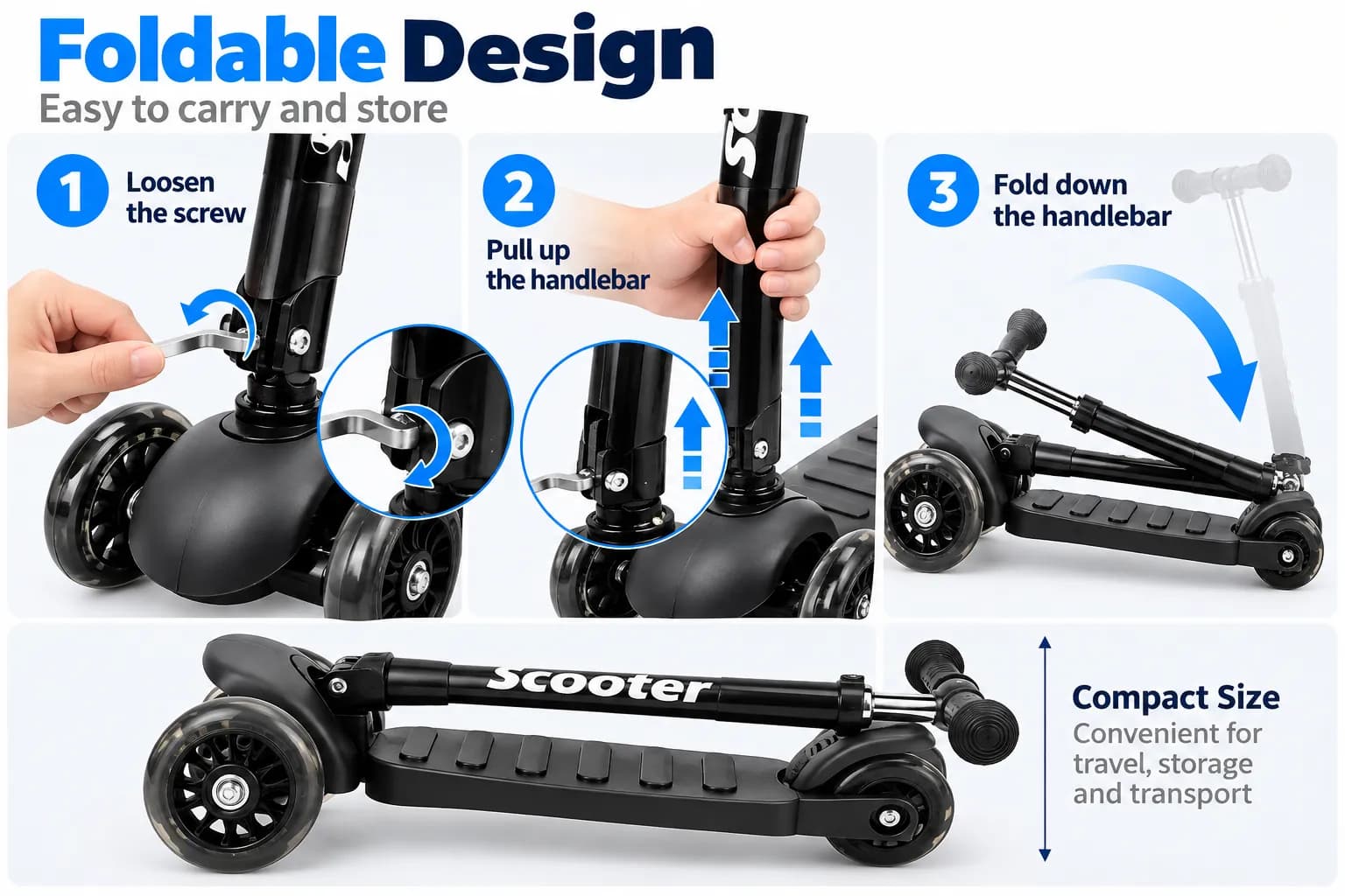 Kids 3-Wheel Scooter, Lean-to-Steer Toddler Scooter with Adjustable Height Handlebar, Rear Brake and Wide Deck, Lightweight Foldable Scooter for Boys & Girls