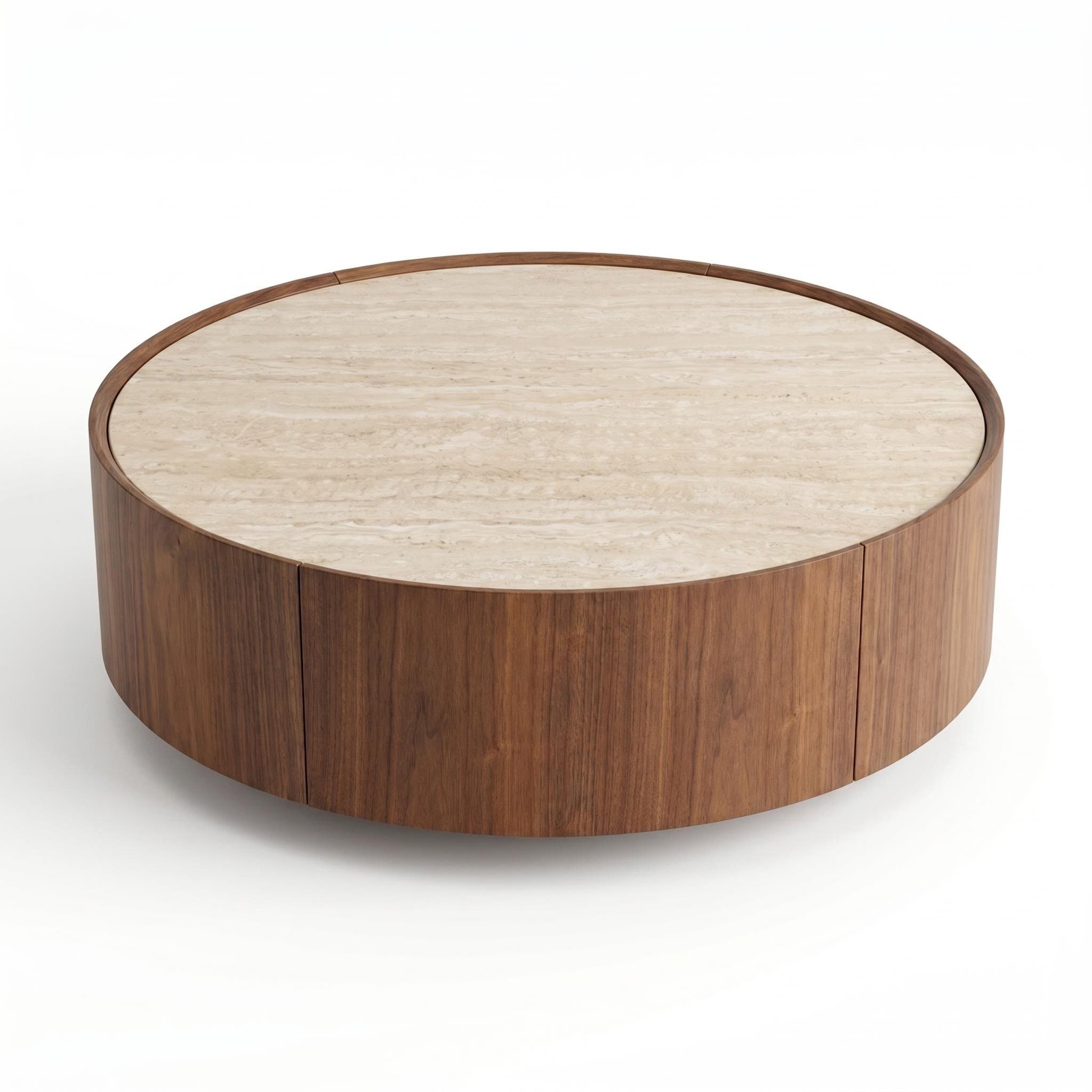 39.3 Round coffee table, with a sintered stone top featuring inlaid details and natural walnut veneer, incorporating storage space