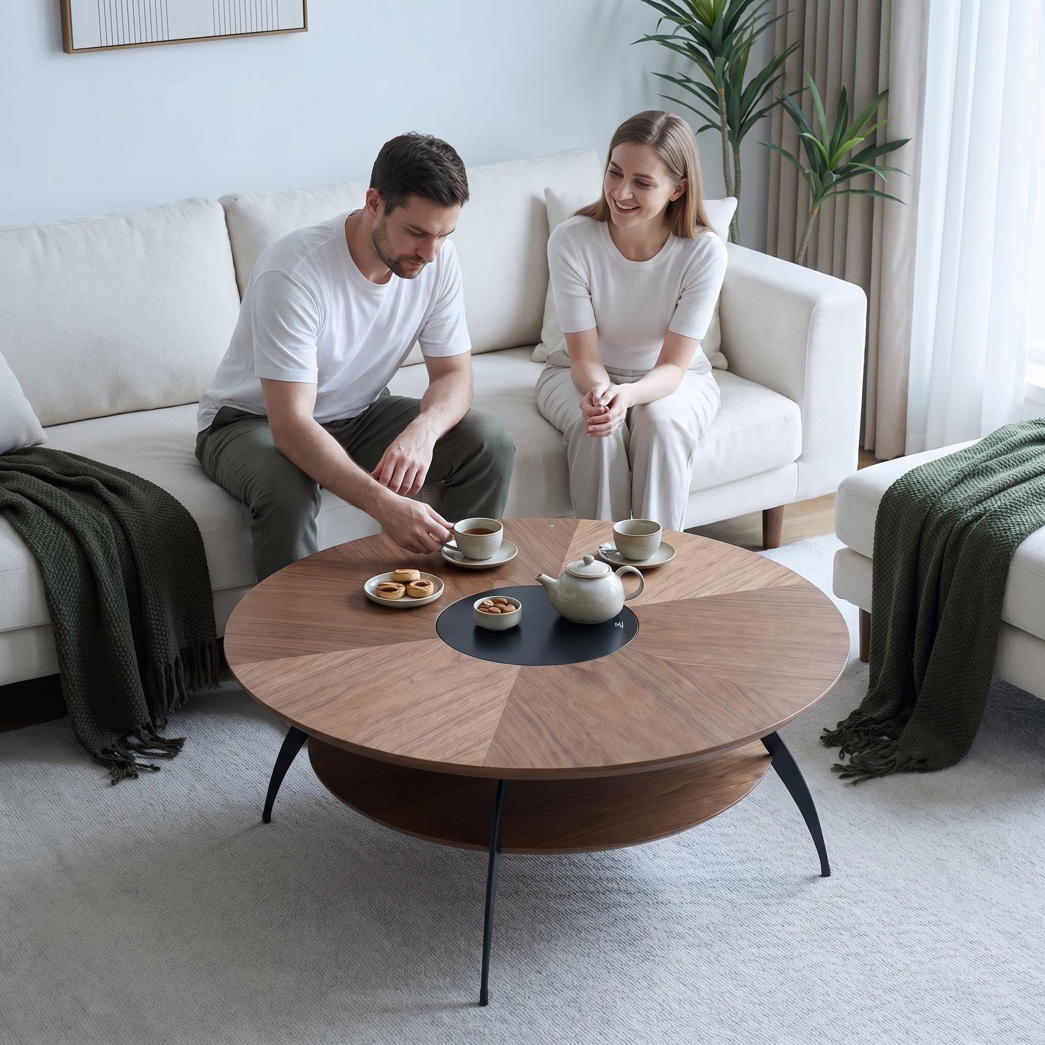3.54-inch round coffee table with an inlaid glass top and carbon steel legs; walnut top and base